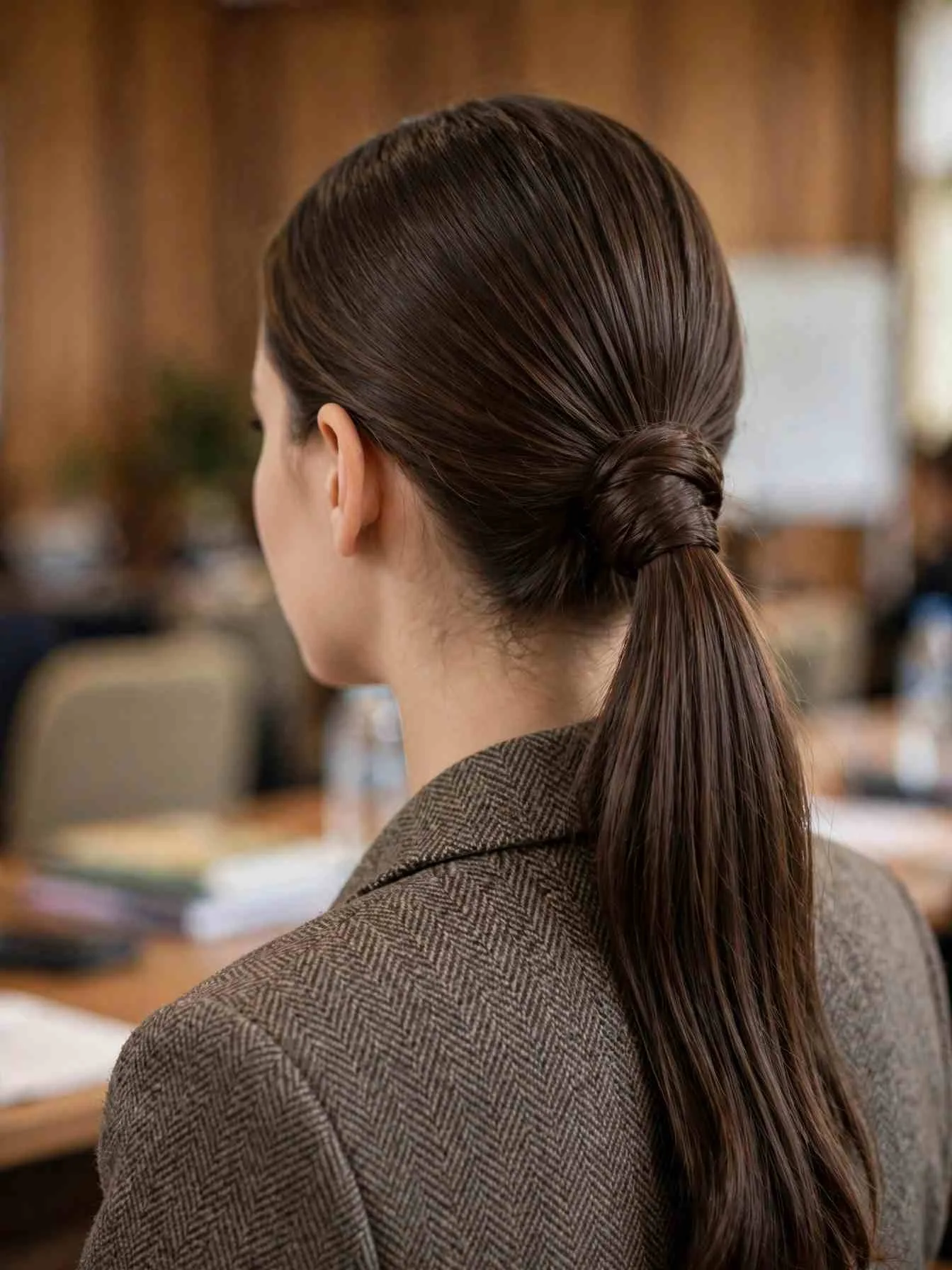 Low ponytail with the elastic wrapped and hidden by hair