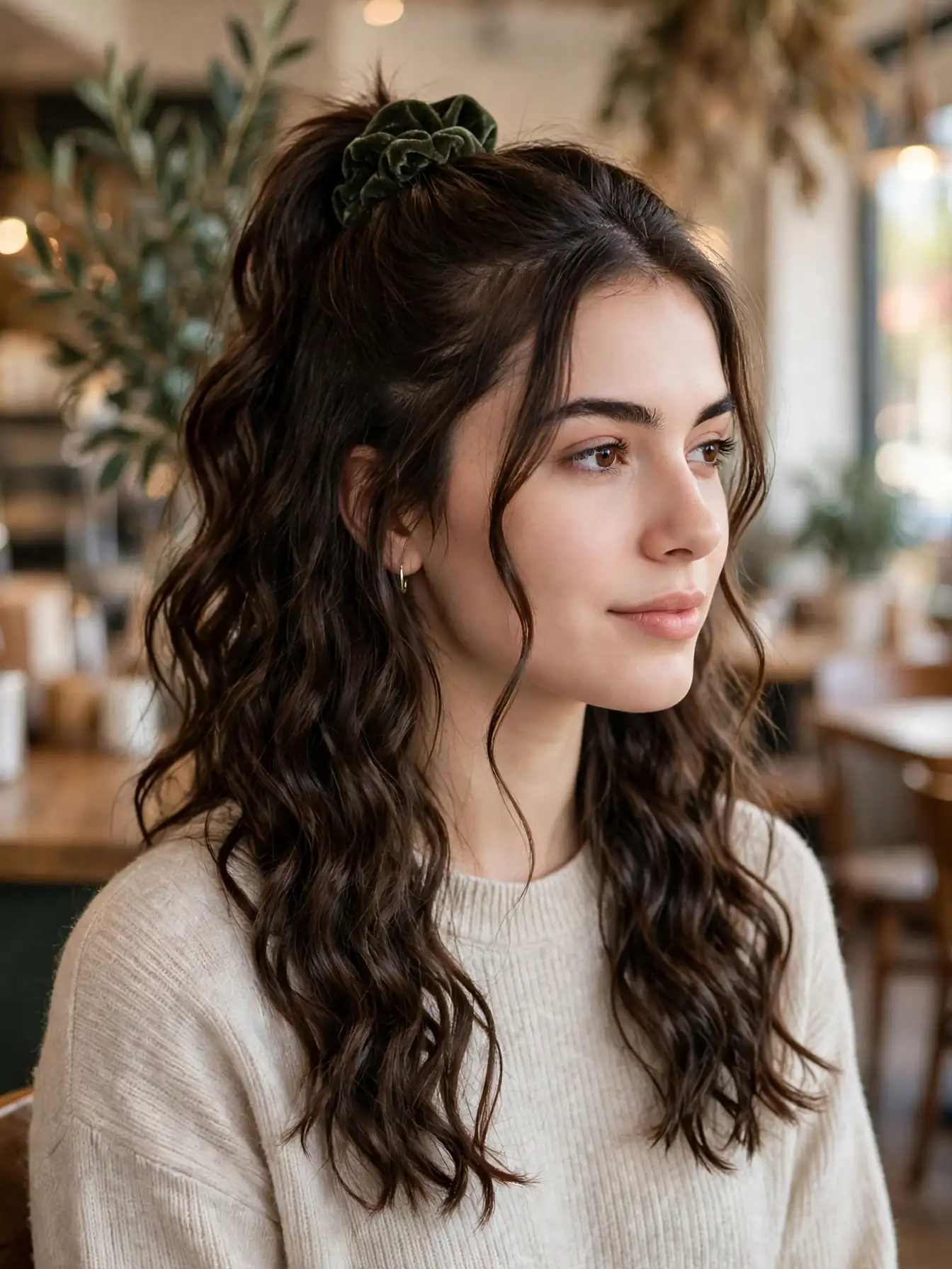 Half-up half-down style with crimped lengths