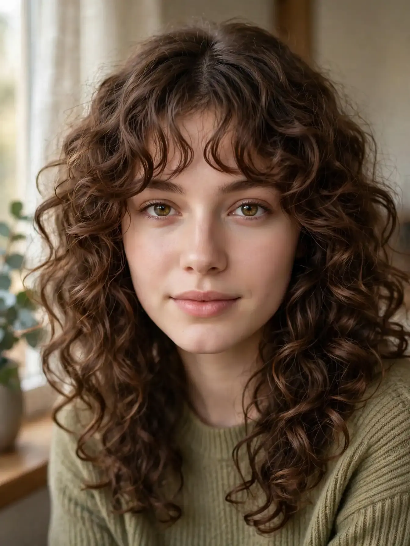Curly curtain bangs framing the face