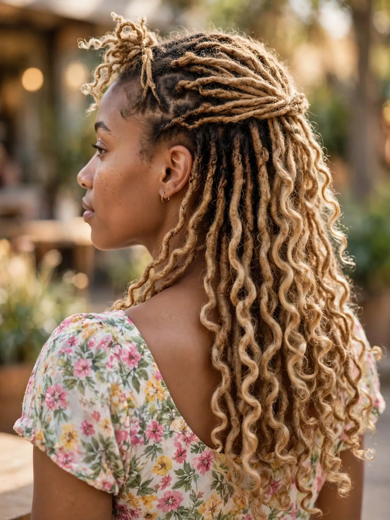 Back view of honey-blonde butterfly locs in a half-up half-down style