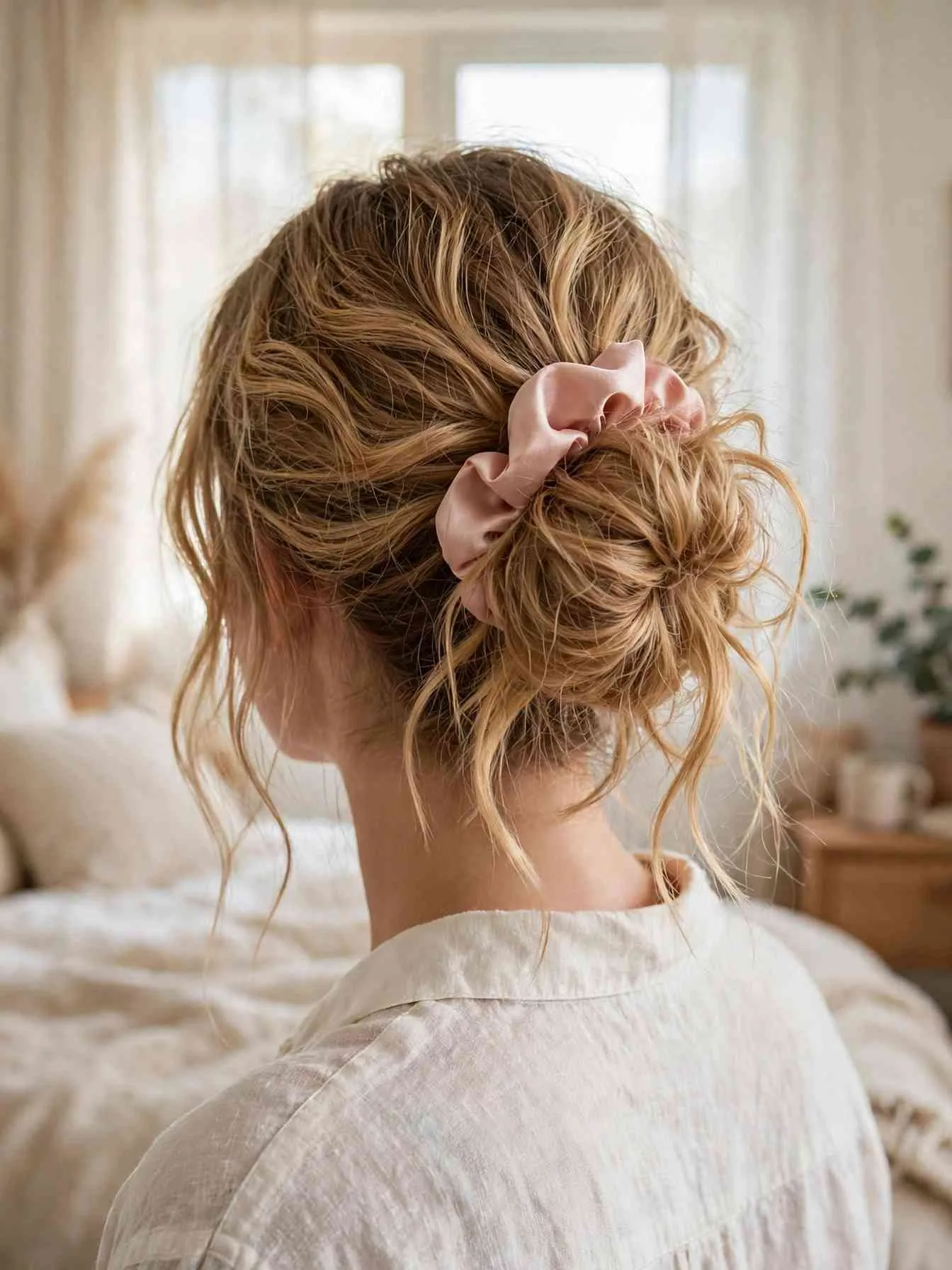 Soft wavy messy bun with a pink satin scrunchie in bright bedroom morning light