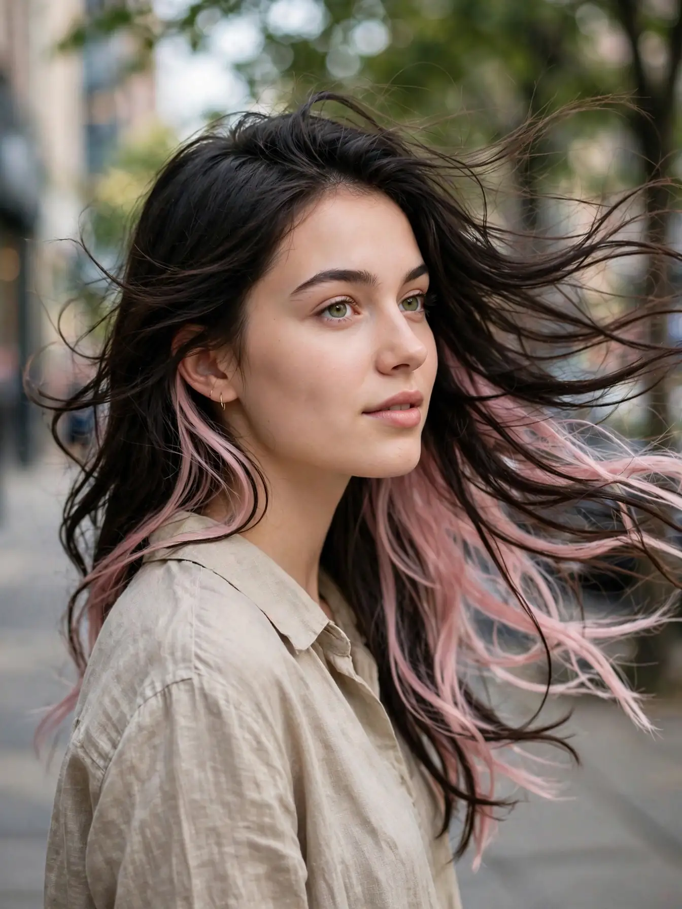 Dark hair swept by the breeze revealing a hidden pastel pink underlayer peeking through.