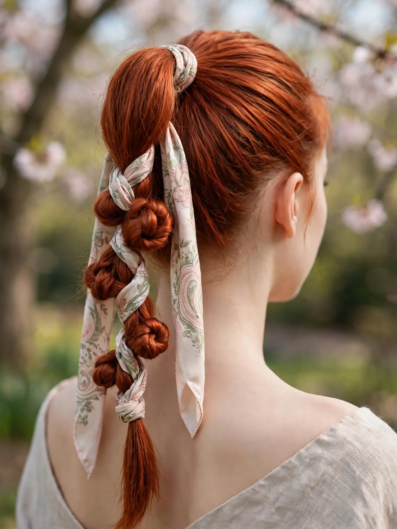 High knotted ponytail with a patterned silk scarf woven through the loops