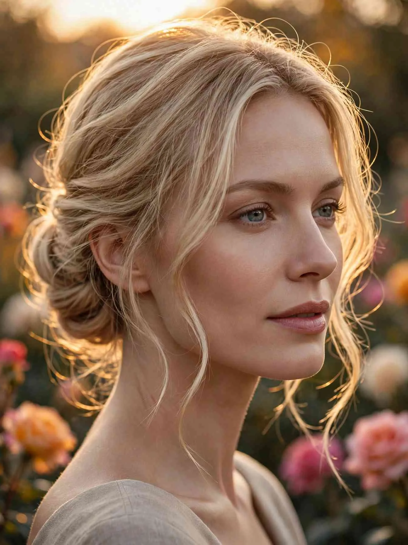 Soft low chignon with loose face-framing tendrils at golden hour