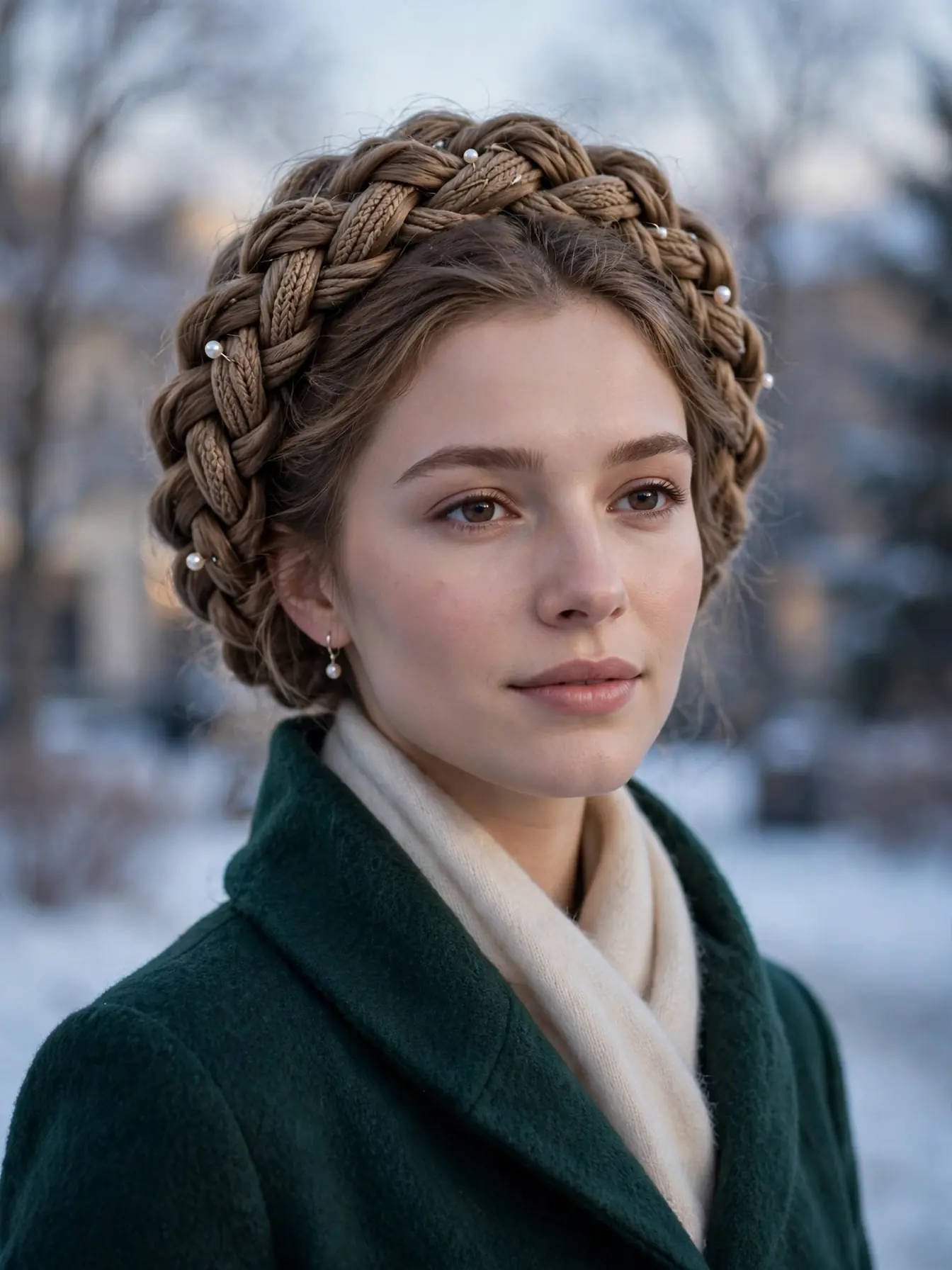 Textured halo braid circling the head with pearl pins