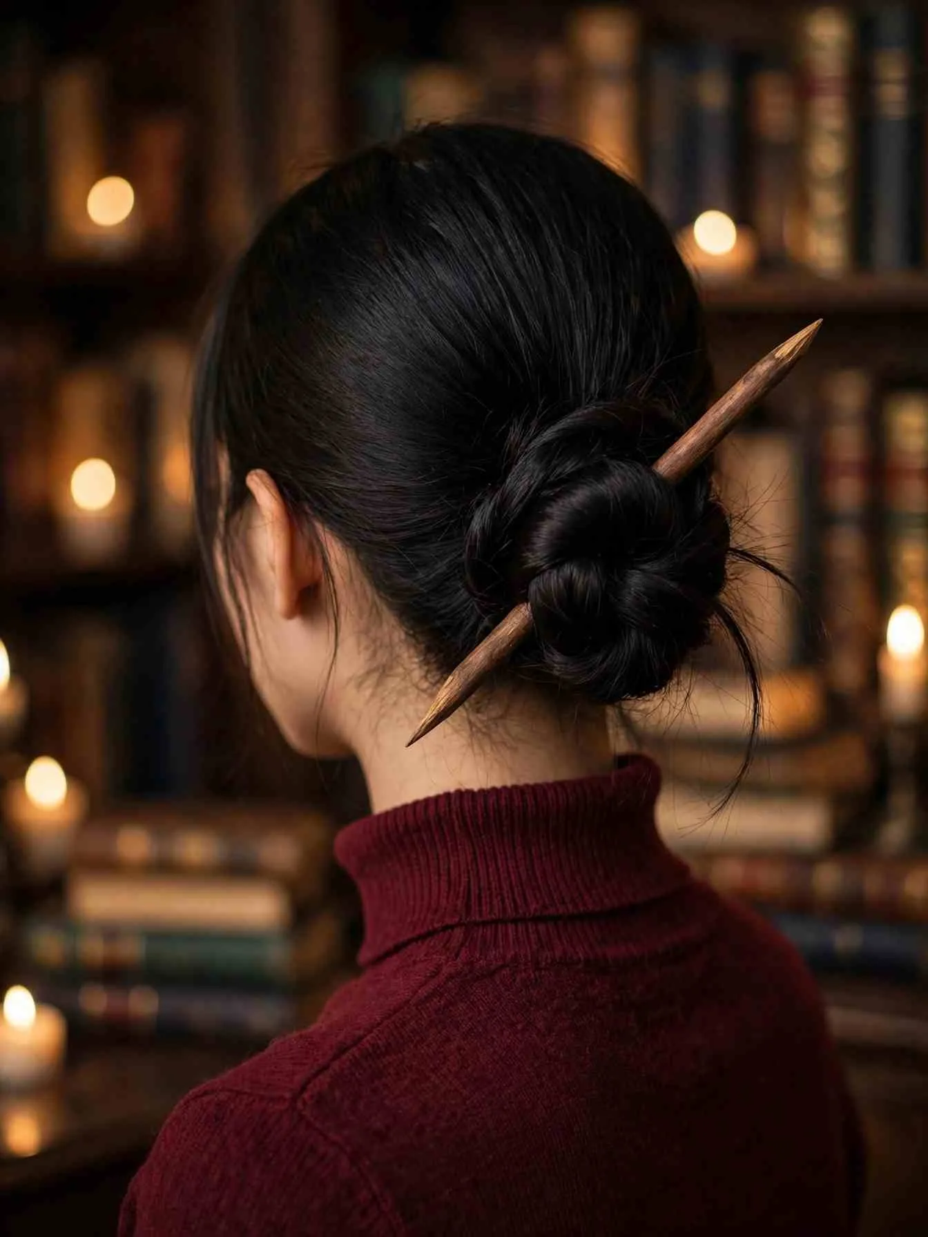 Low bun secured with a single wooden hair stick