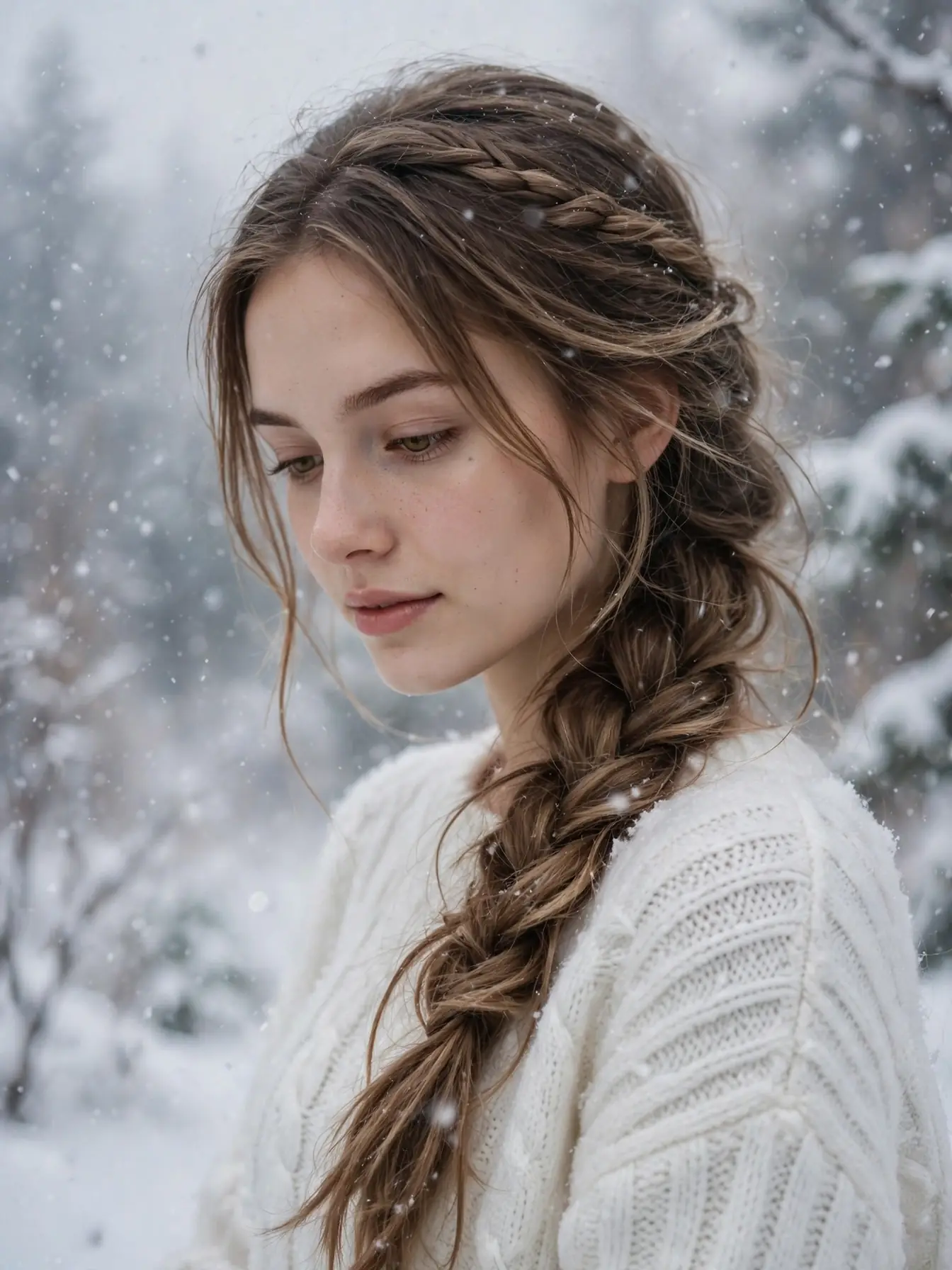 22 Cozy Winter Braid Hairstyles to Try This Season 16 Side-swept French braid draped over one shoulder in falling snow