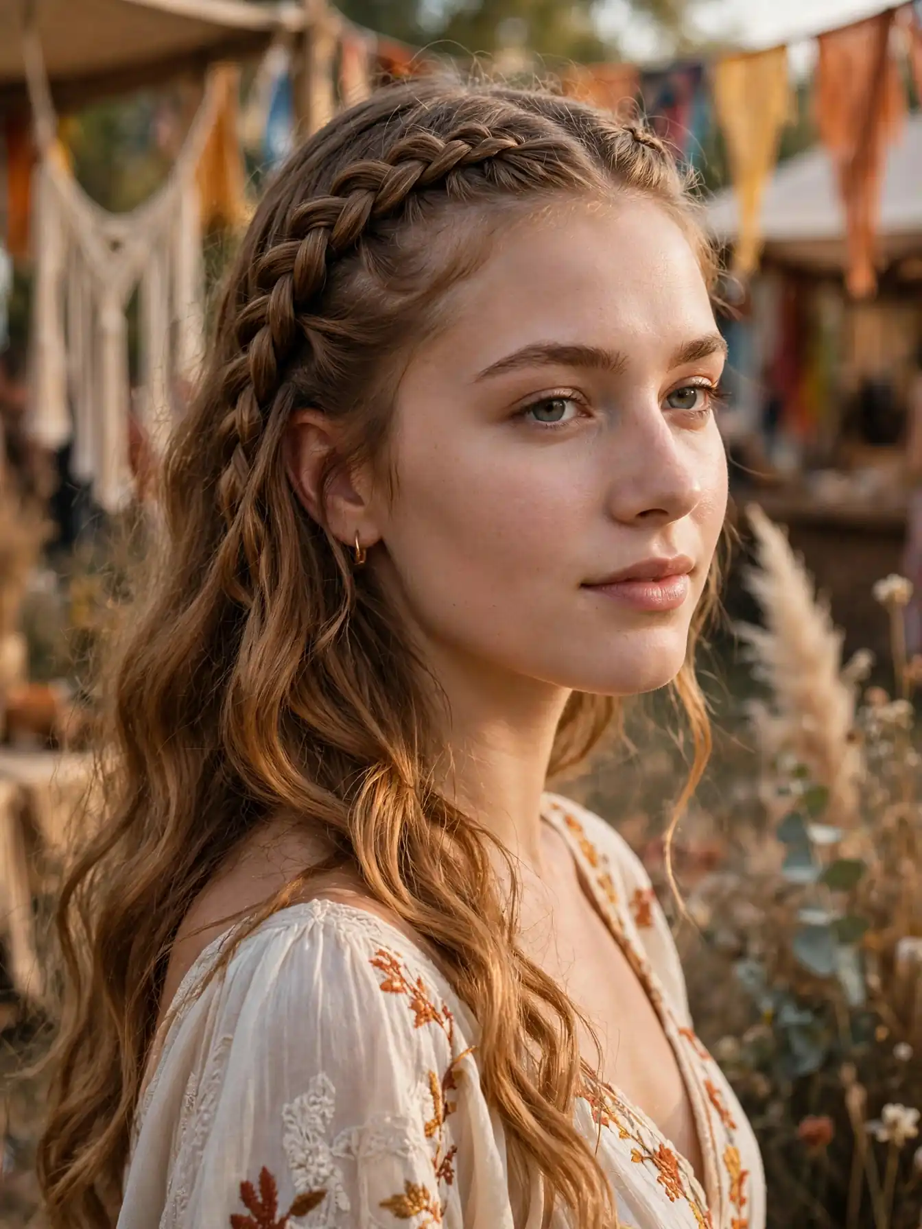 Rope braid along the hairline flowing into loose waves