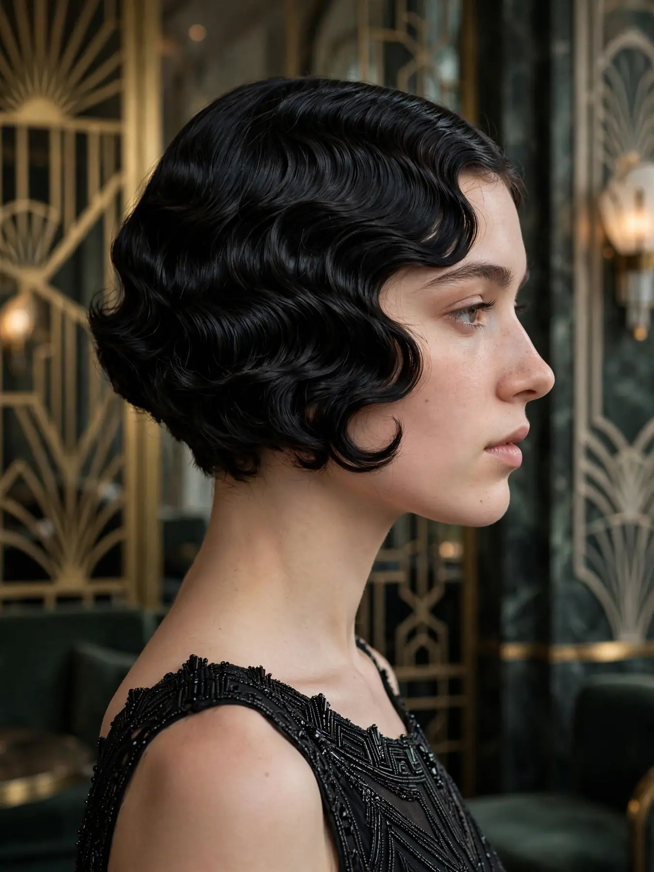 Onyx black sculpted 1920s finger waves on a short bob, side view