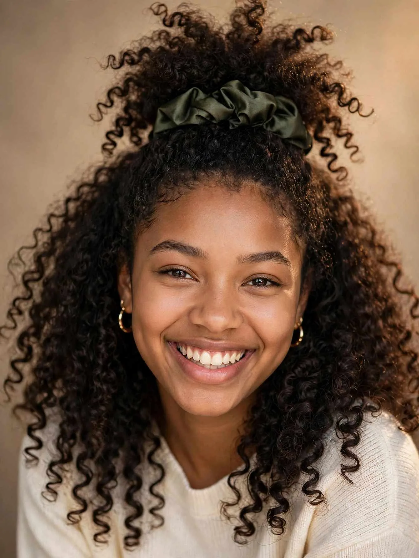 Curly half-up pineapple style preserving natural curl pattern