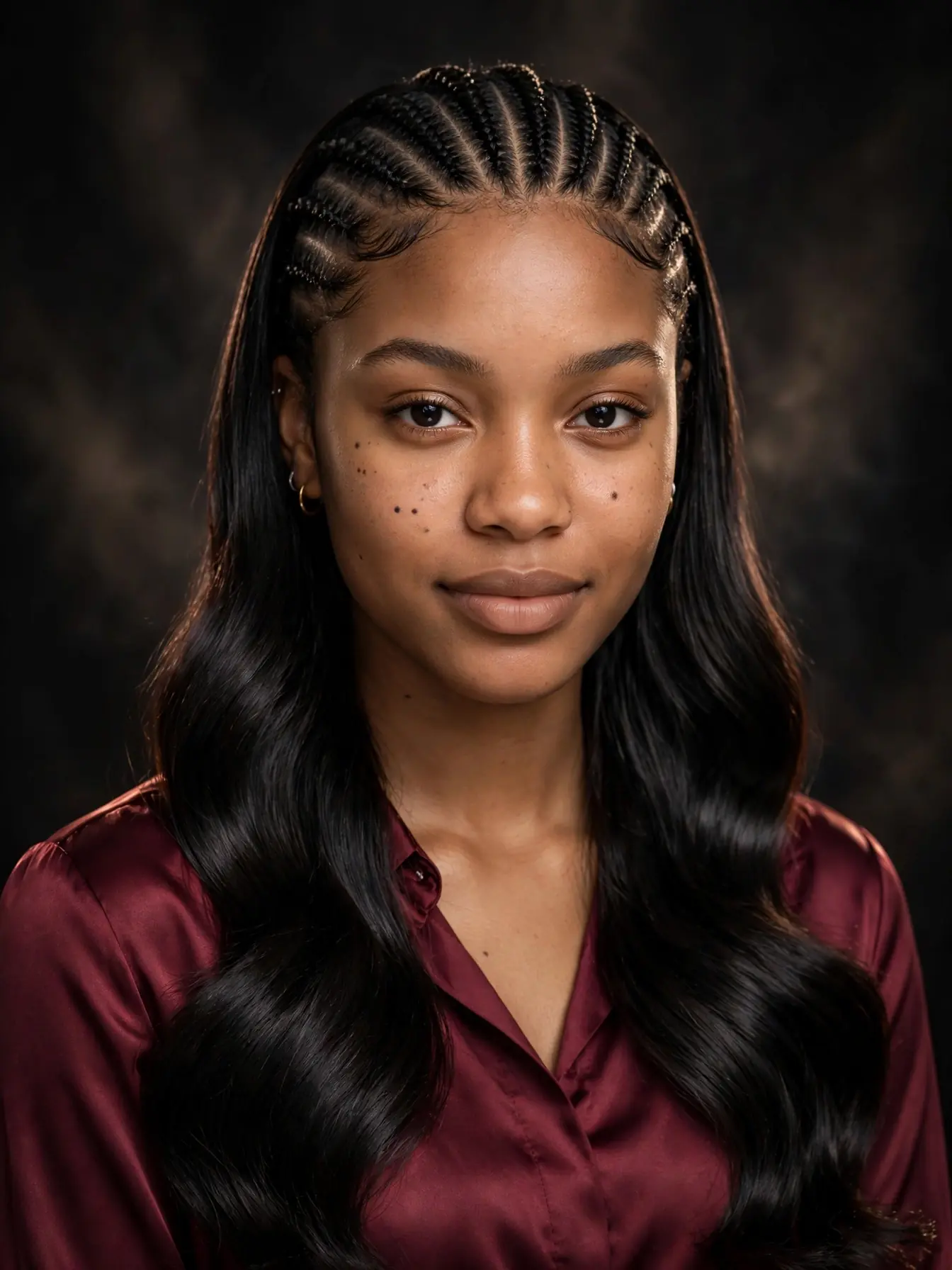 Jet black glossy sew-in braided leave-out hairstyle with mirror shine