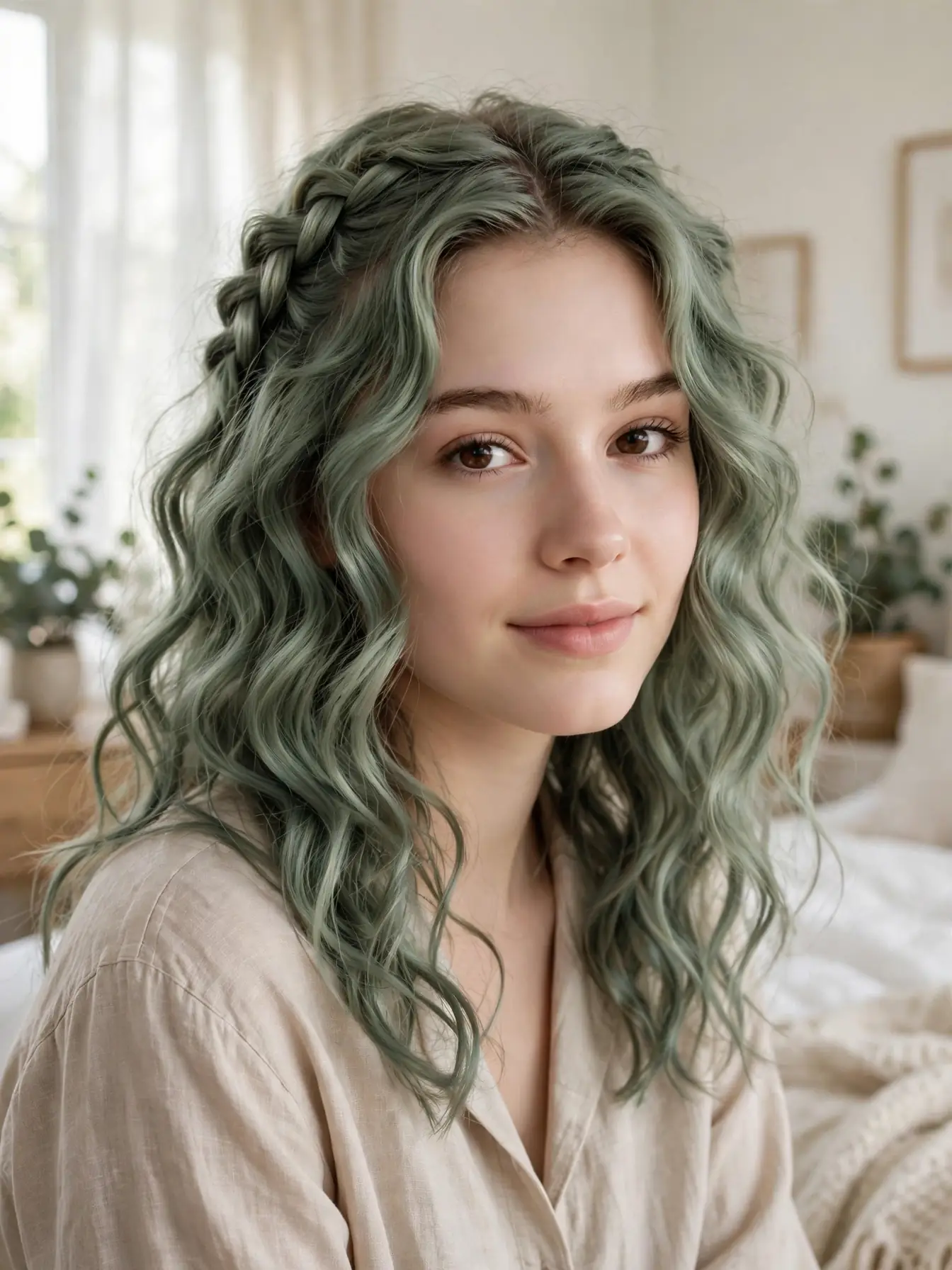 Sage-toned braid-out waves with defined texture
