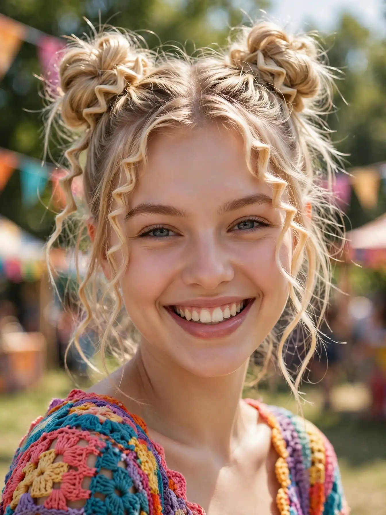 Crimped space buns with loose face pieces