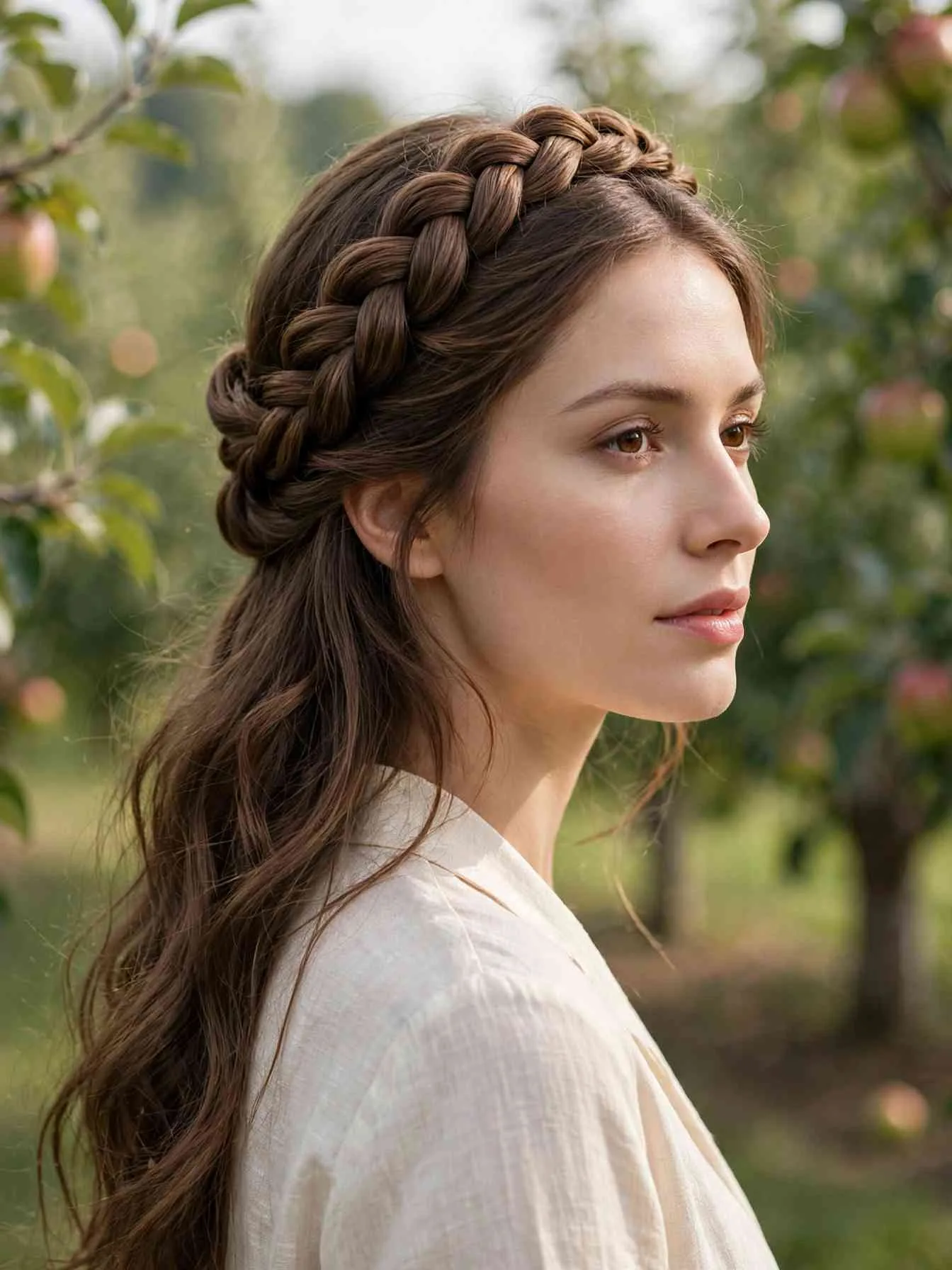 Twisted halo braid encircling the head with soft waves down the back