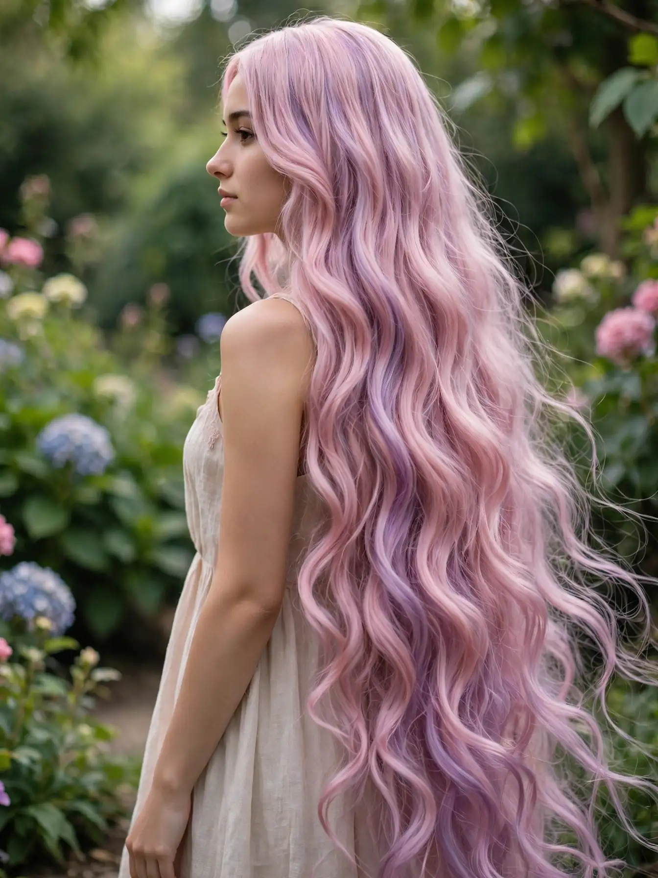 Very long mermaid waves blending pastel pink with hints of lavender in a lush garden.