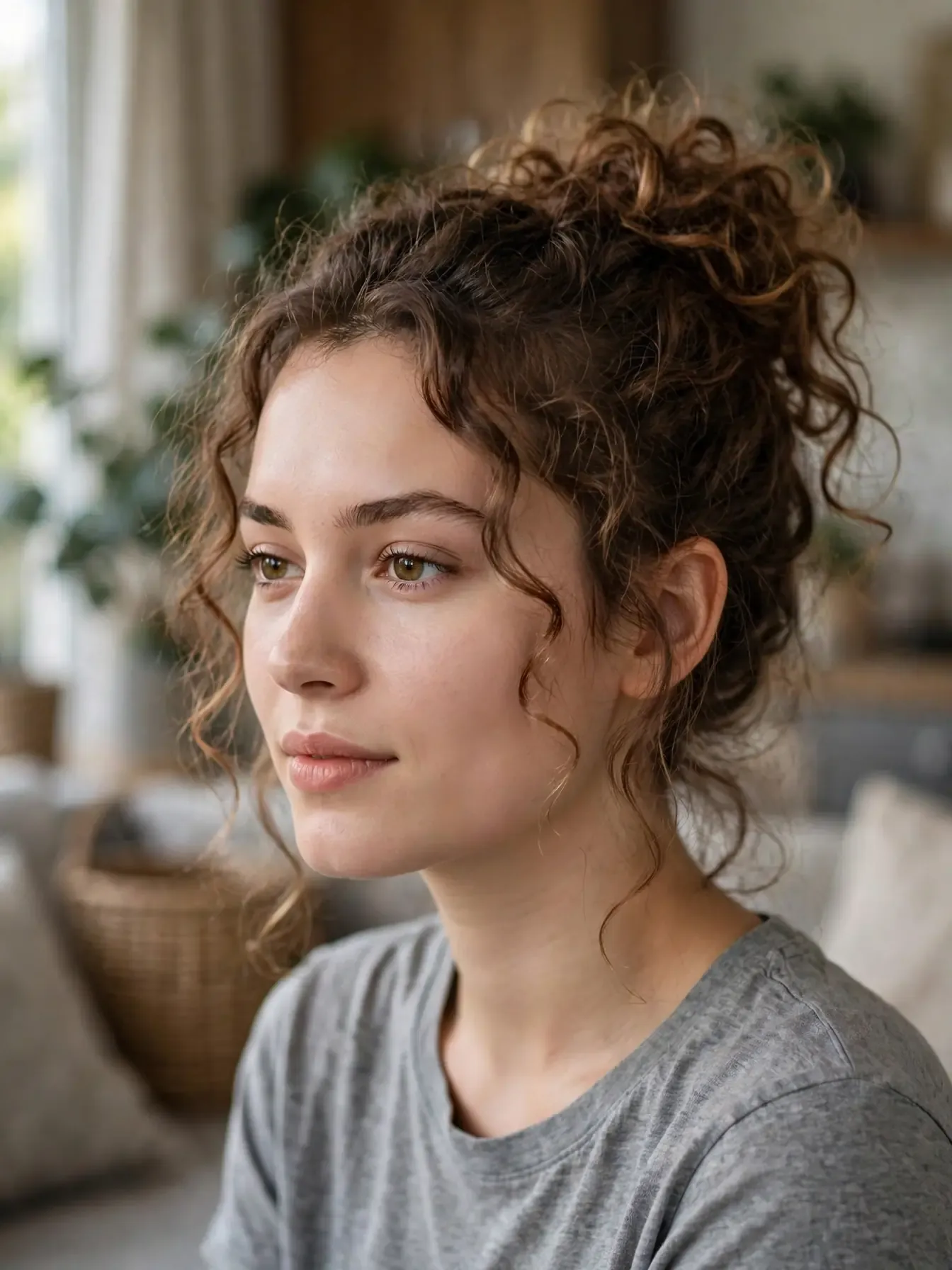 Messy curly bun with face-framing pieces