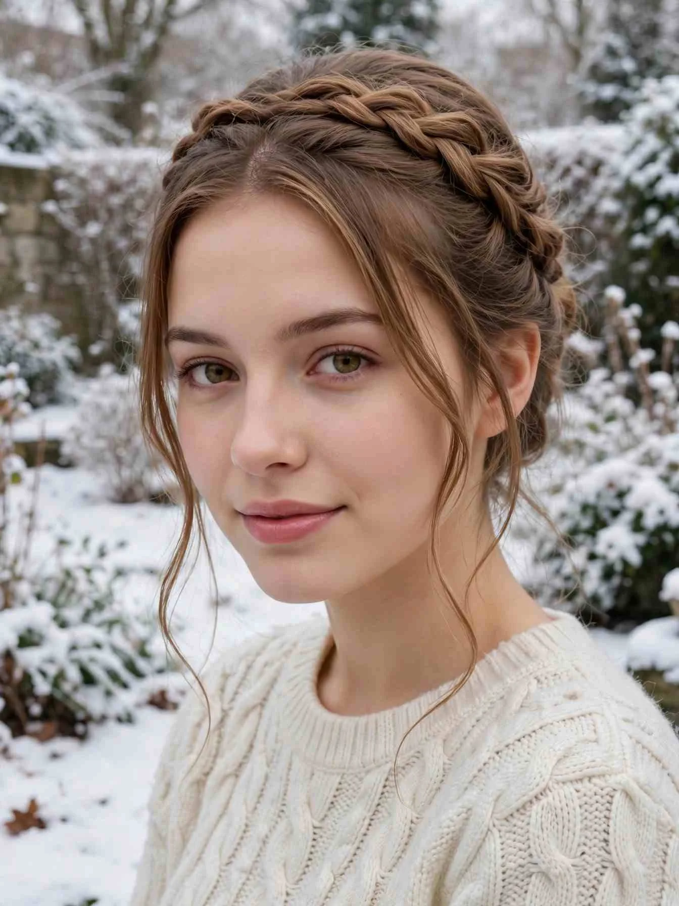 Soft milkmaid-style braided crown half-up on light brown hair with face-framing pieces.