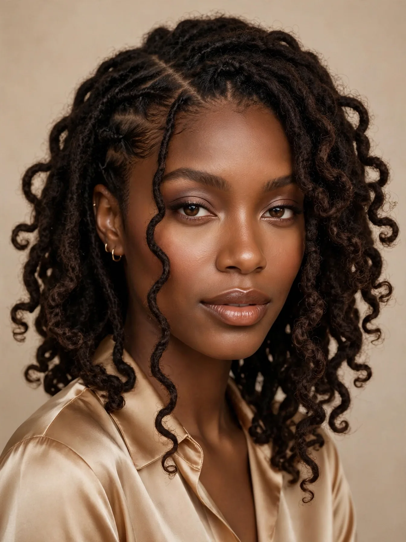 Woman with dark brown butterfly locs in a deep side part with face-framing locs