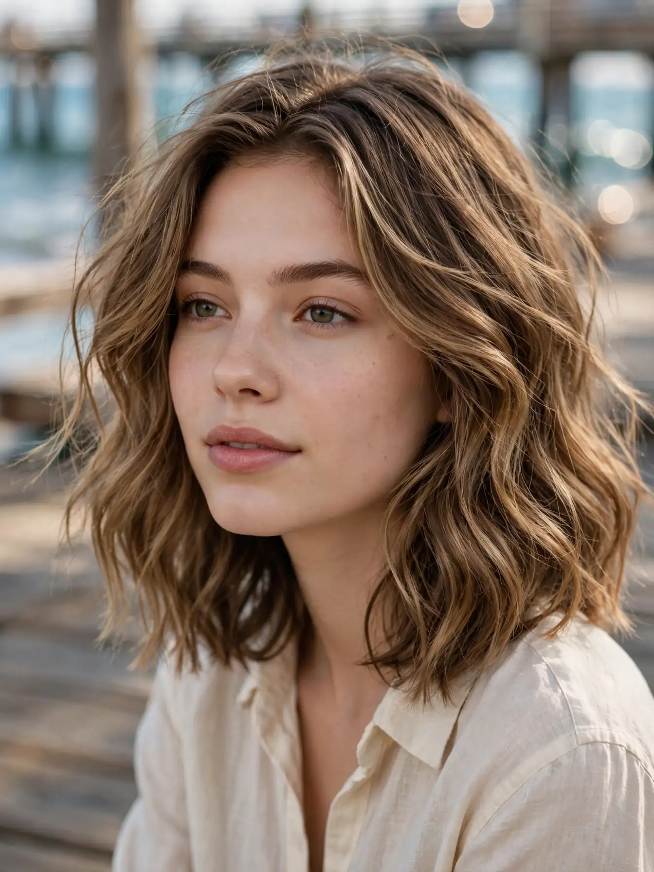 Toasted mocha balayage waves in daylight