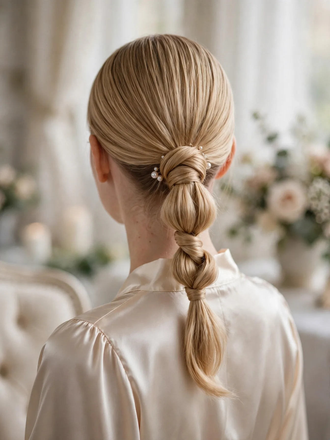 Wedding-ready sleek knotted ponytail with pearl pins at the base