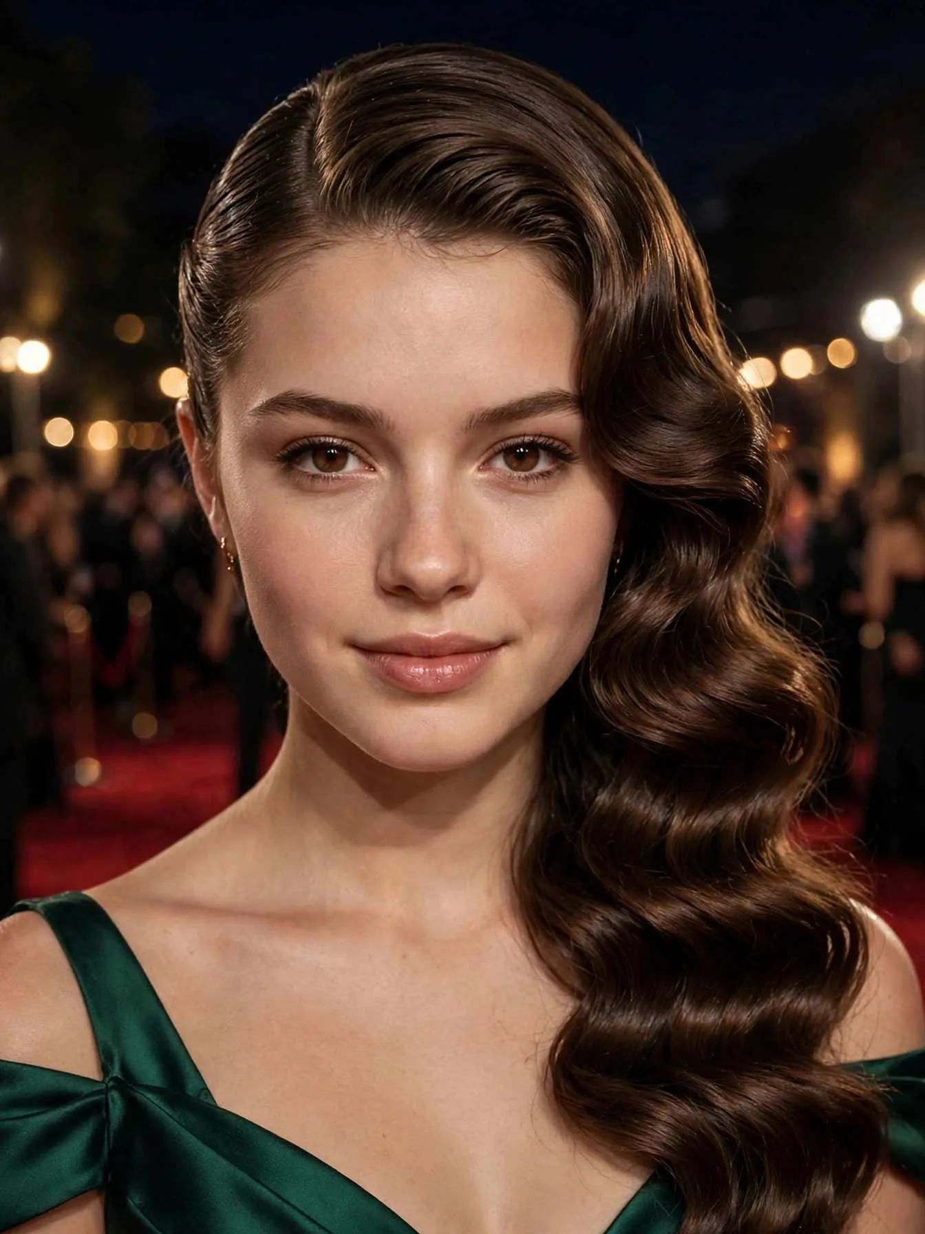 Half-up hairstyle with polished uniform Hollywood waves and deep side part
