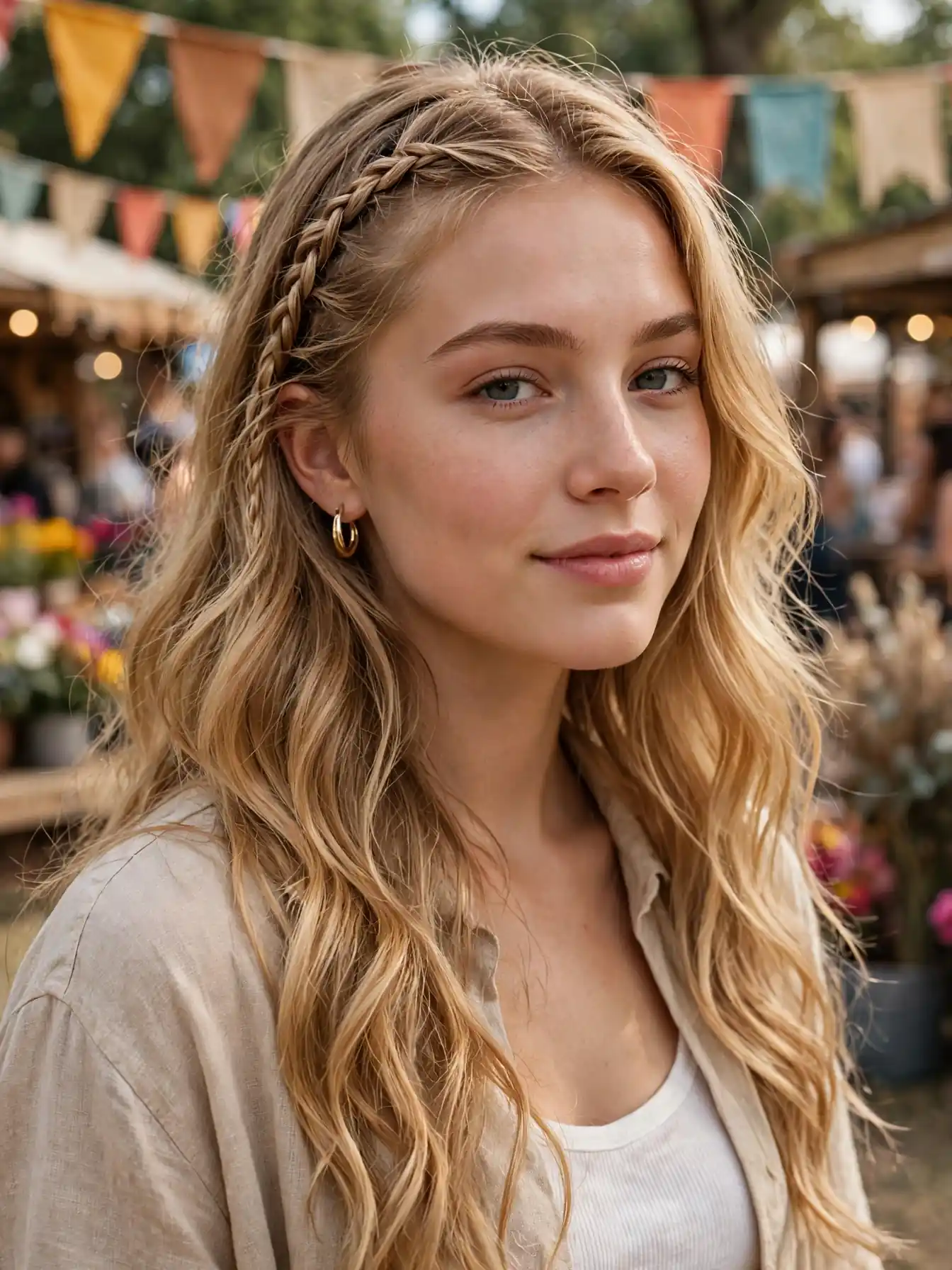 Slim fishtail accent braid resting on long loose waves