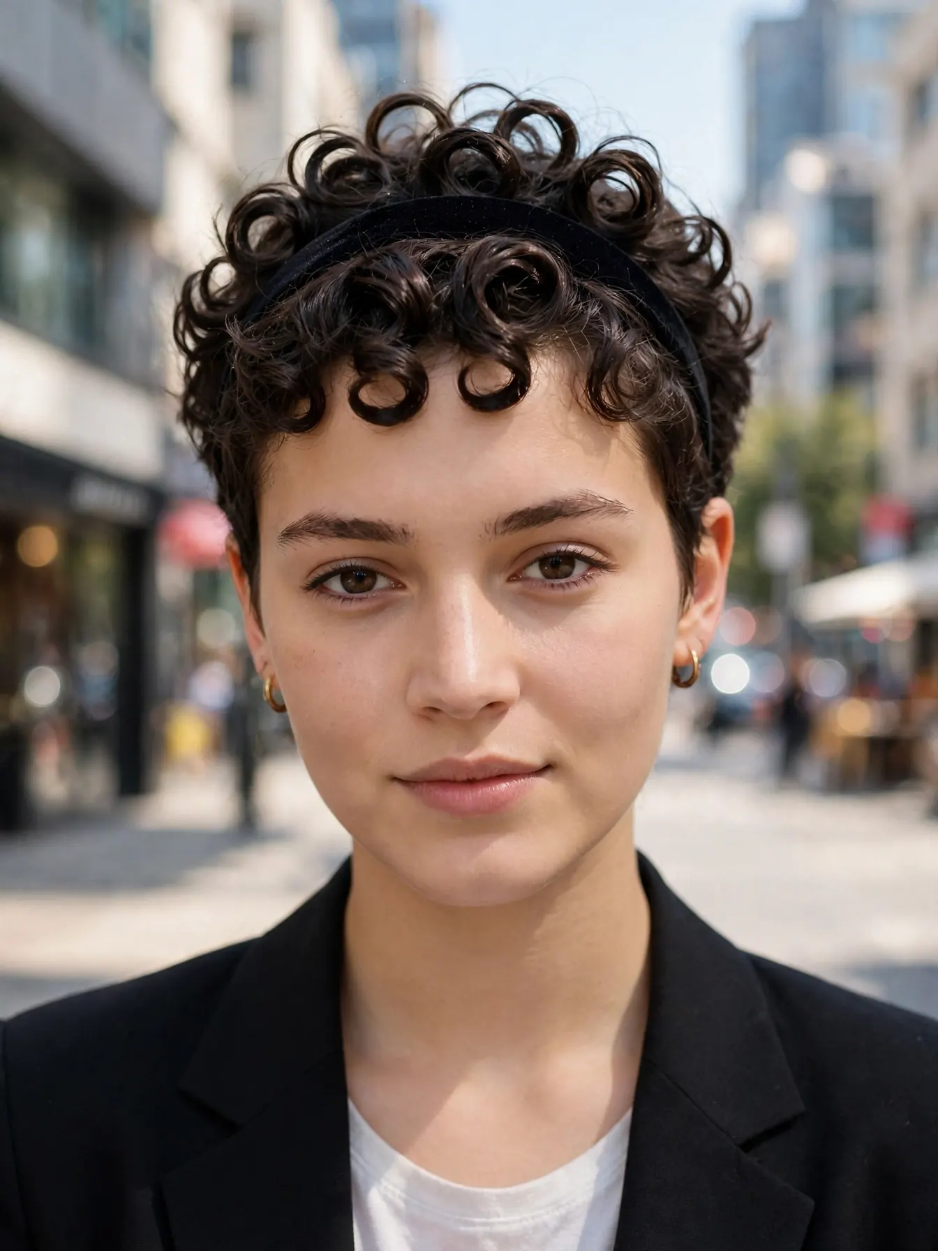 Curly pixie with a slim black velvet headband