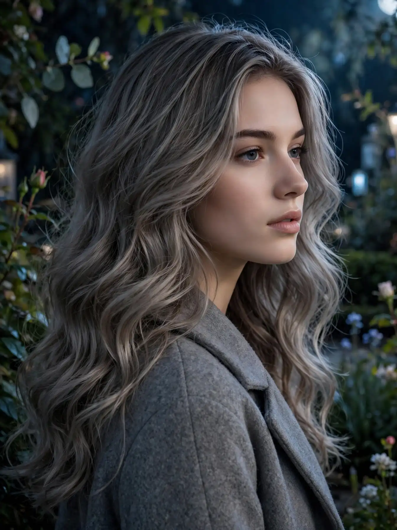Moonlit ash waves, ashy dark blonde loose waves in soft moonlight