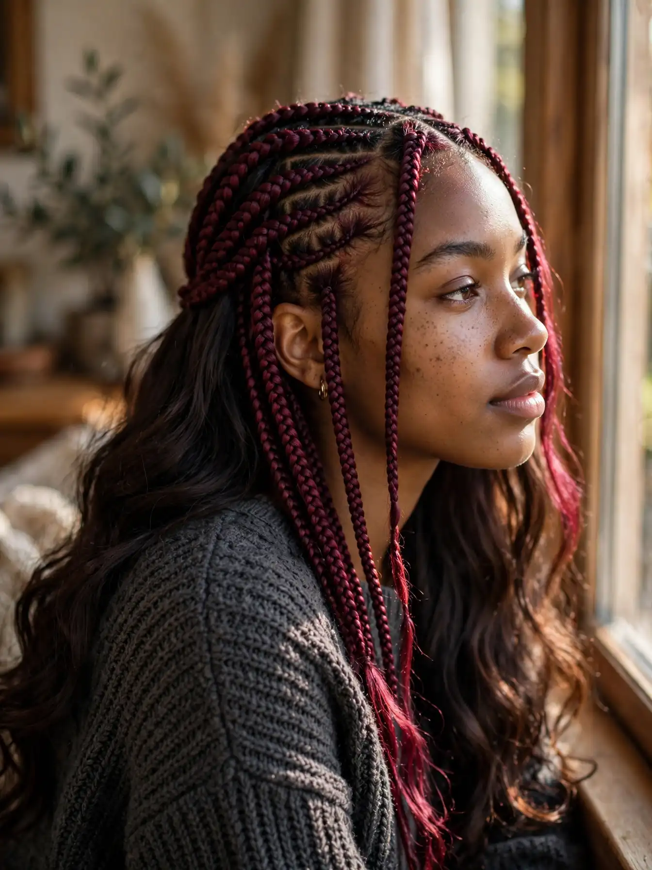 Burgundy front braids sew-in braided leave-out hairstyle with dark brown bundles