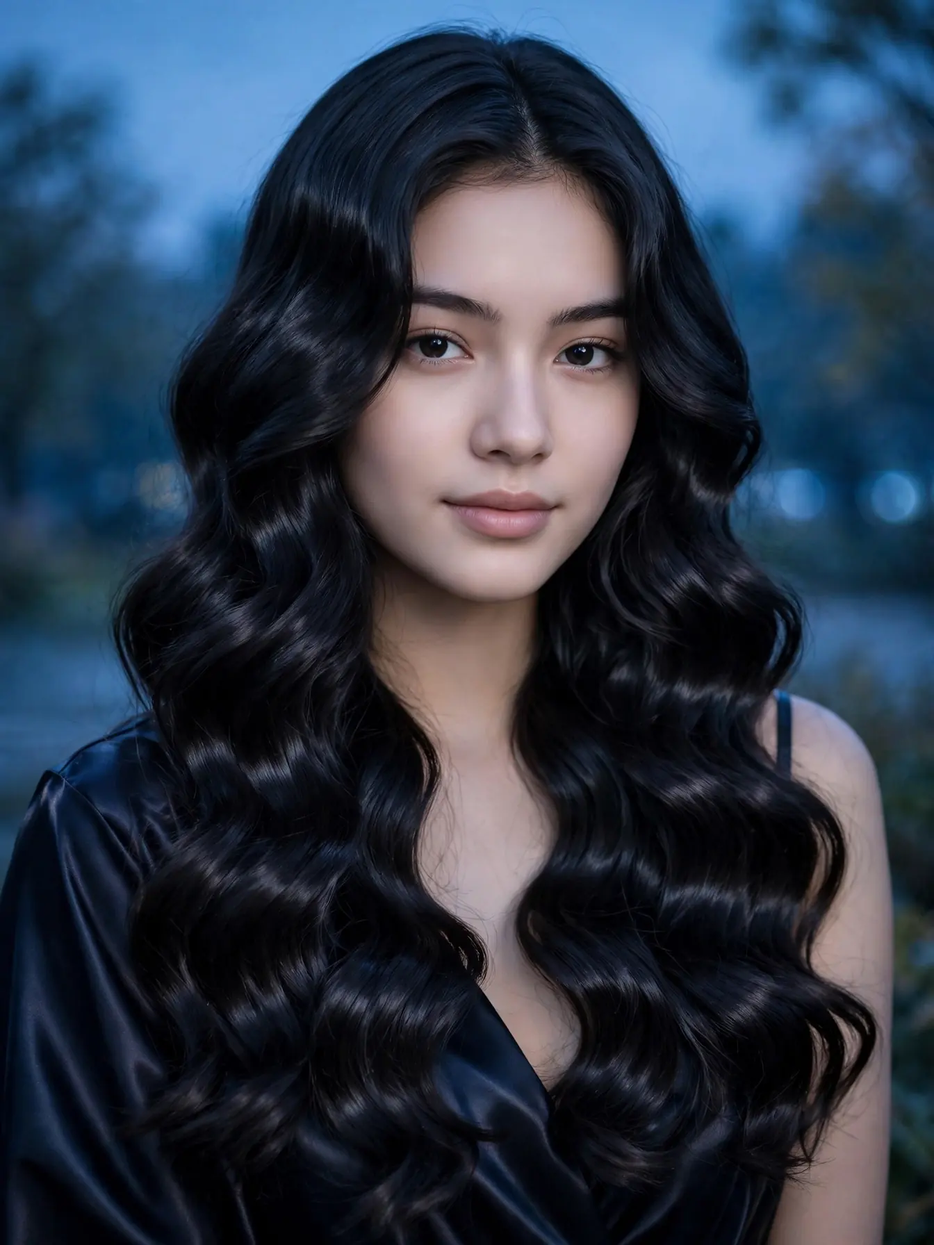 Long black hair in deep glossy S-waves at dusk