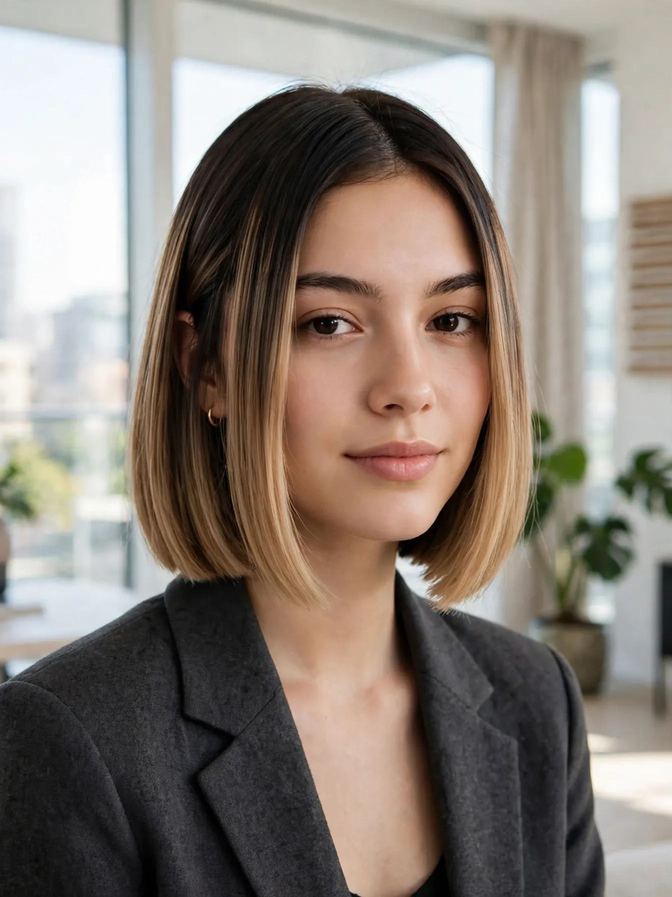 Blunt winter bob with a dark shadow root melting into lighter ends