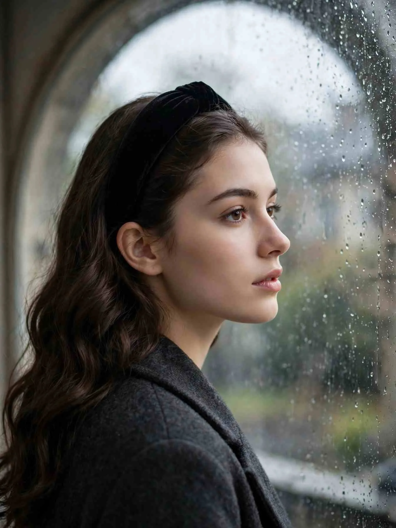 Wide black velvet headband pushing back soft wavy hair
