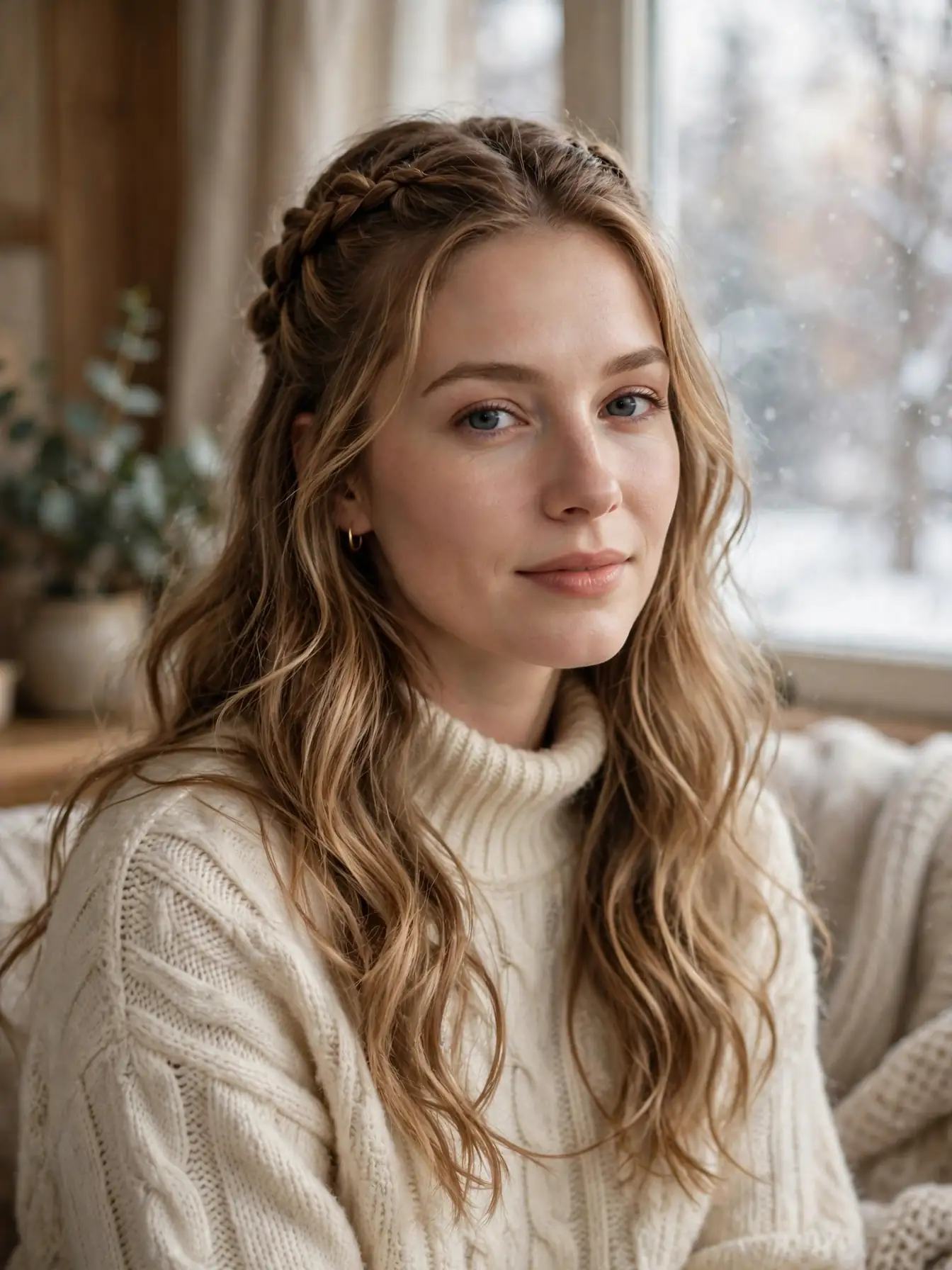 Braided half-up style with soft waves below