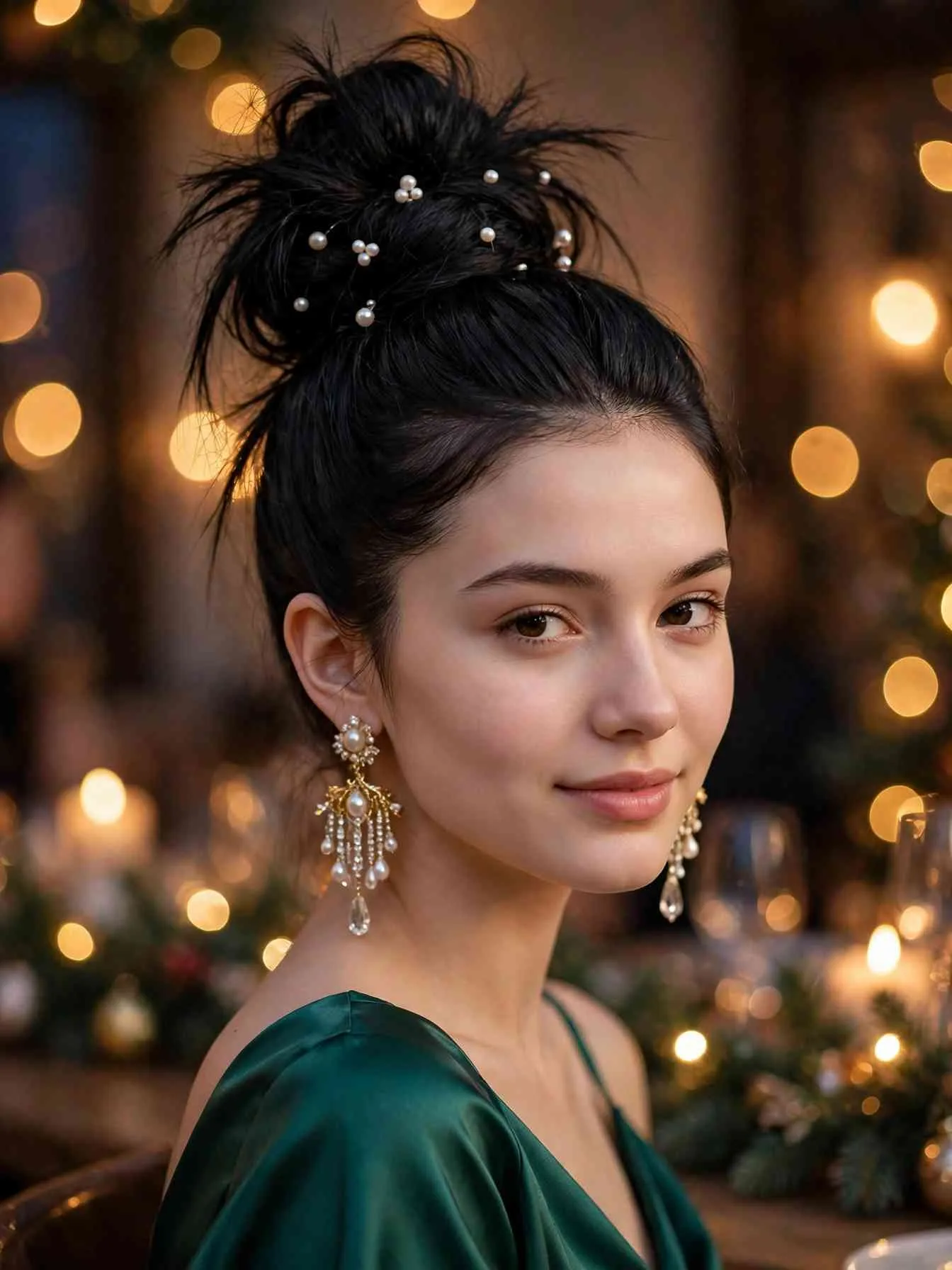 Tall high messy bun decorated with pearl pins, evening party bokeh lights