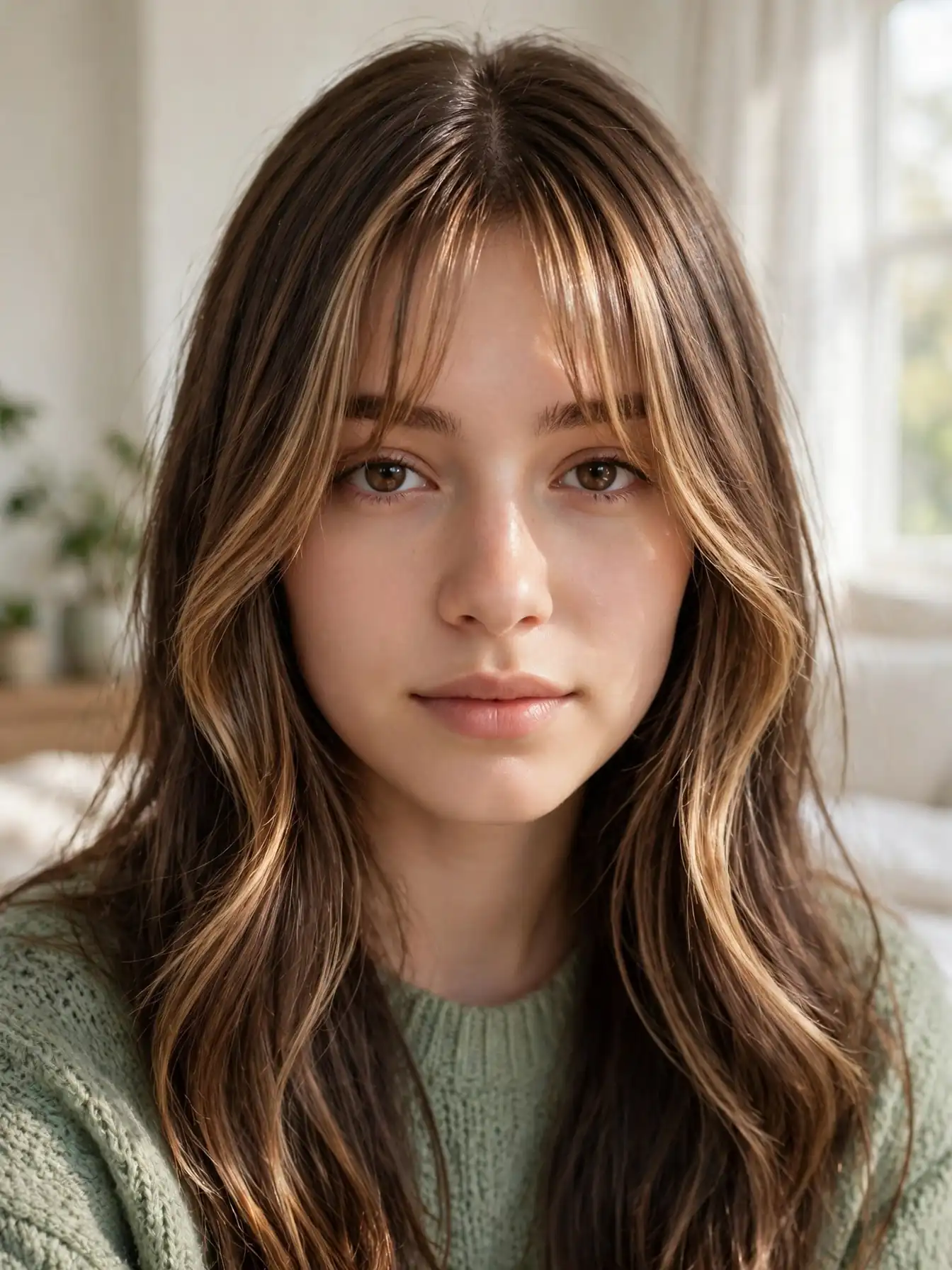 Mocha balayage with curtain bangs