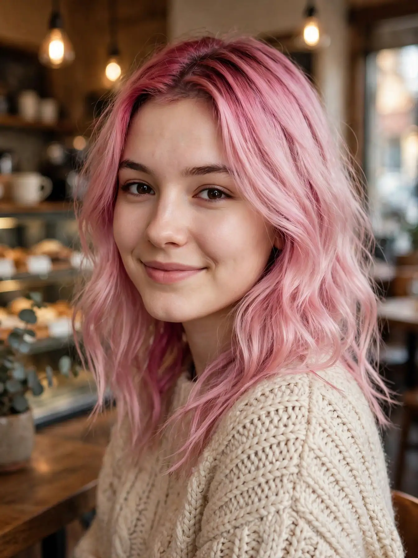 Relaxed pastel pink waves with a deeper pink root shadow, styled in a cozy coffee shop.