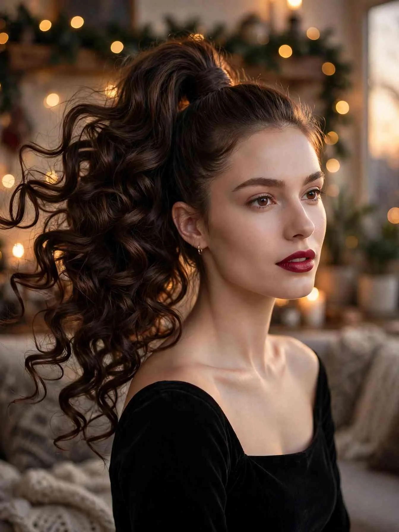 High ponytail swept to one side with big bouncy curls