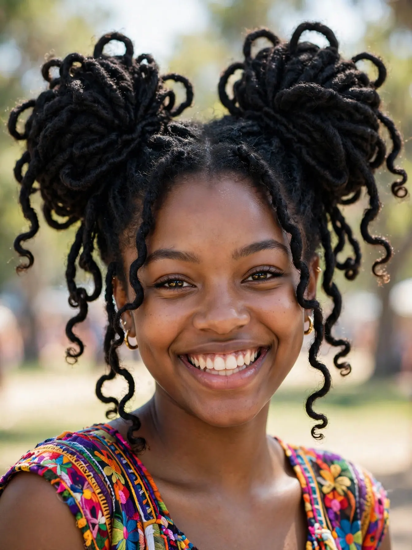 Smiling woman with black butterfly locs styled in two space buns
