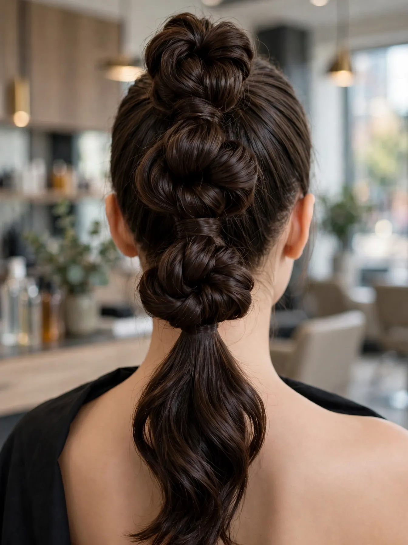 Voluminous knotted ponytail with full loops on very thick dark-brown hair