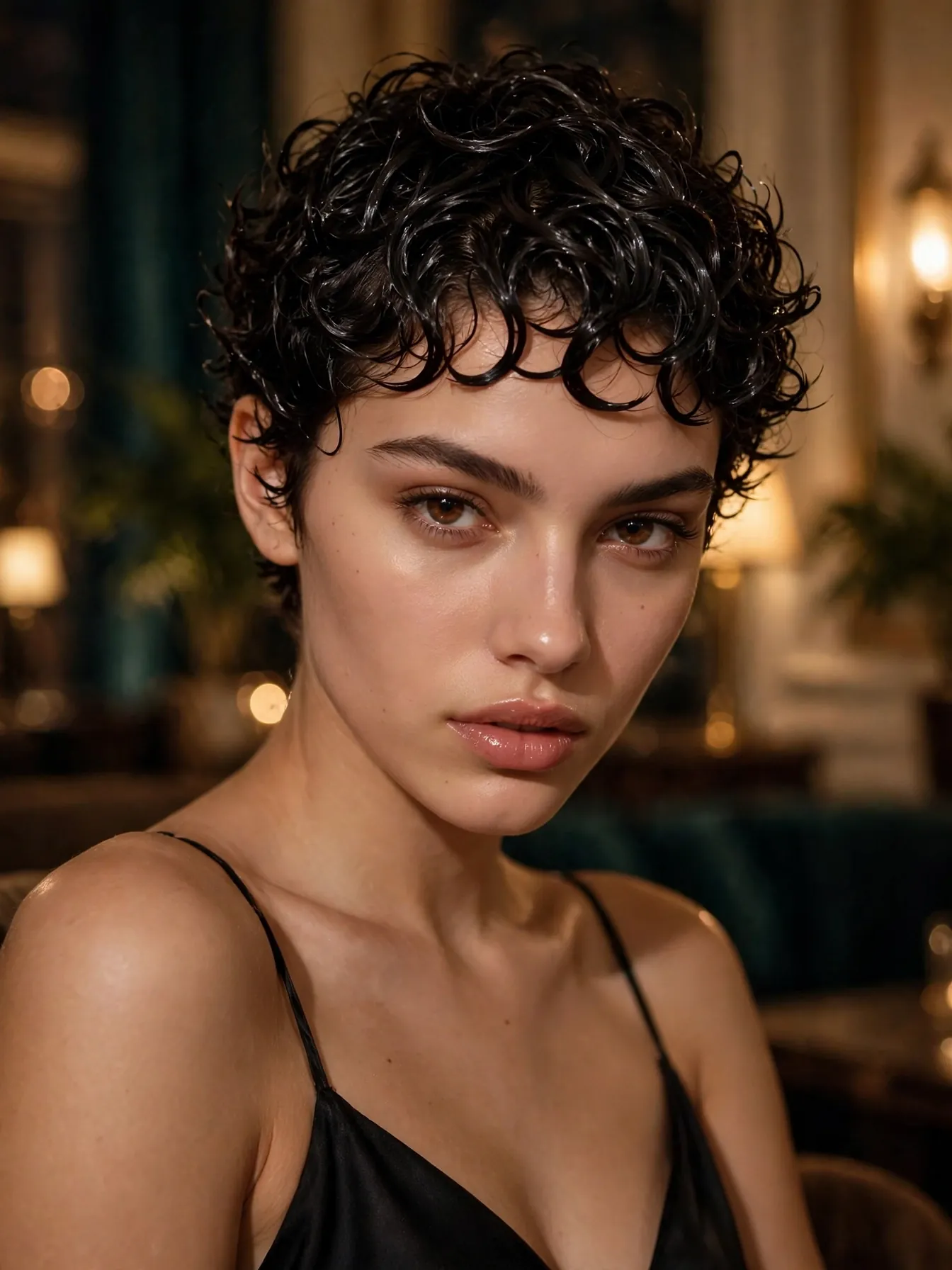 Wet-look defined curly pixie with glossy sculpted curls