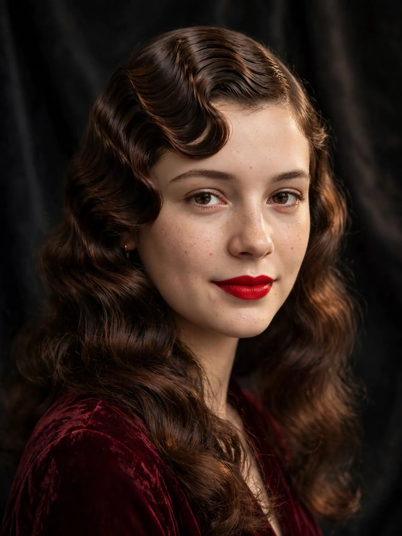 Soft sculpted finger waves at crown with loose wavy ends