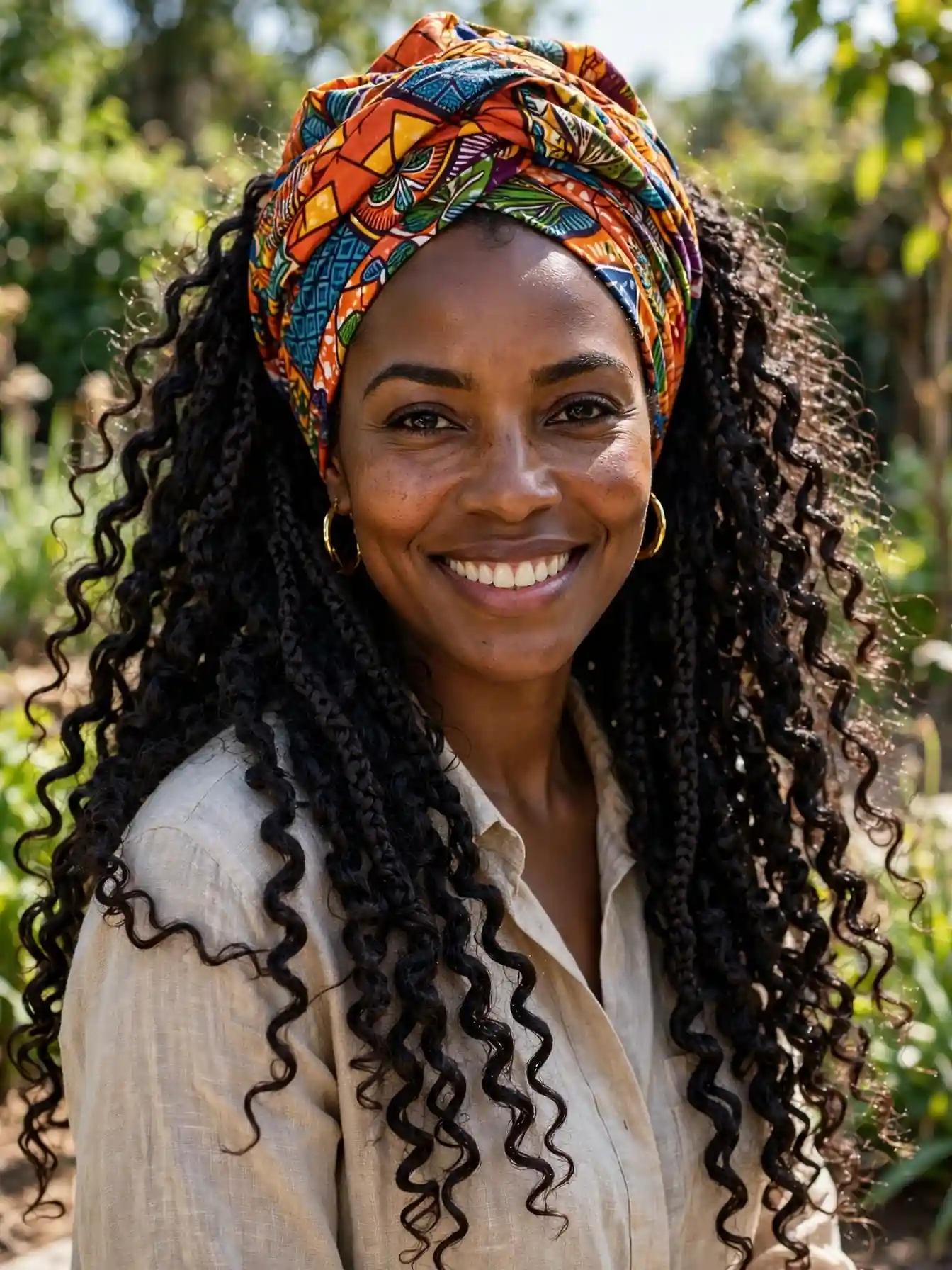 Miracle knots styled under a colorful headwrap