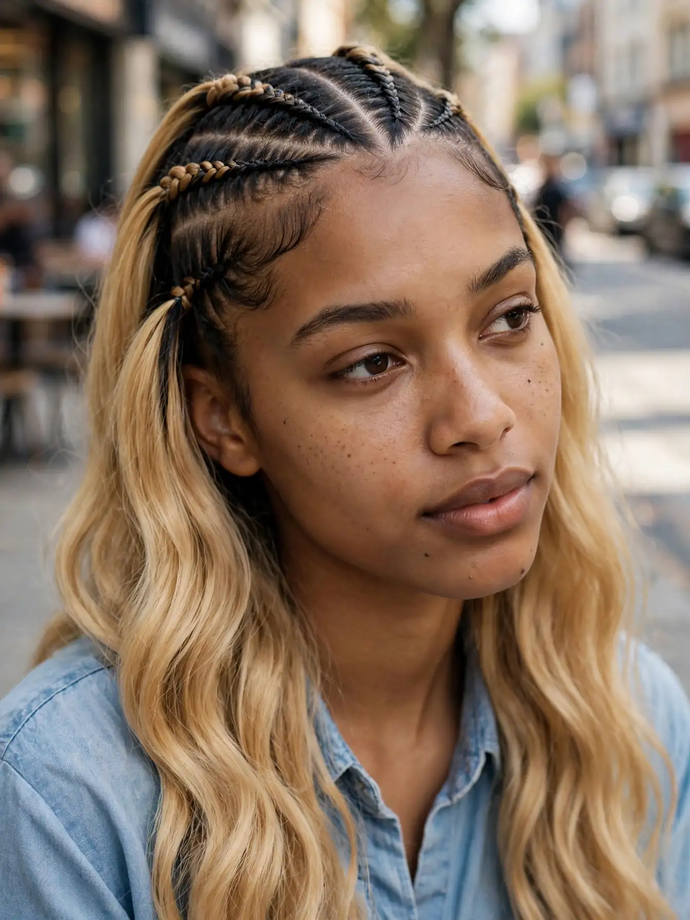 Honey blonde sew-in braided leave-out hairstyle with dark natural roots