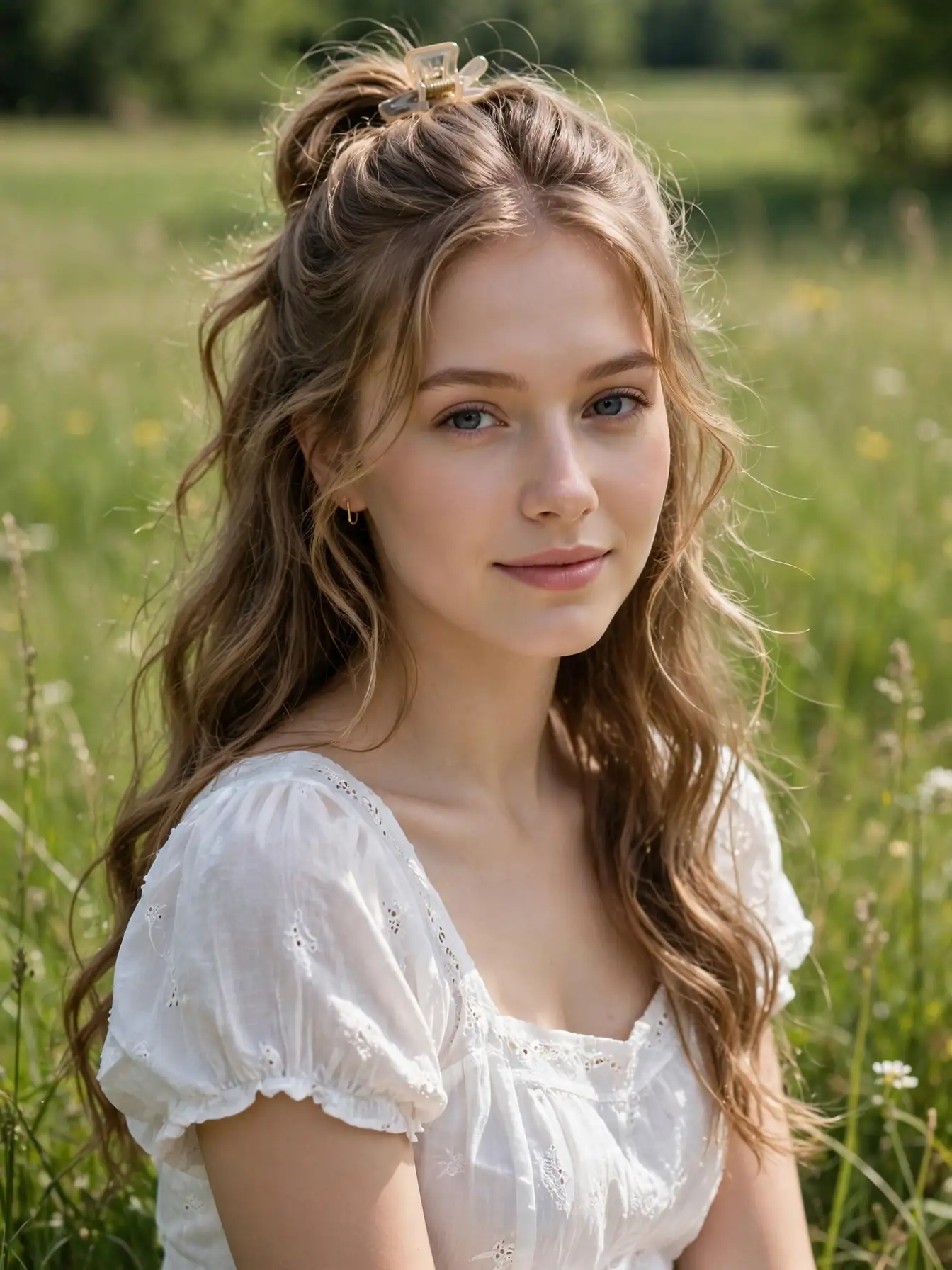 Half-up wavy hairstyle with a small claw clip in a meadow