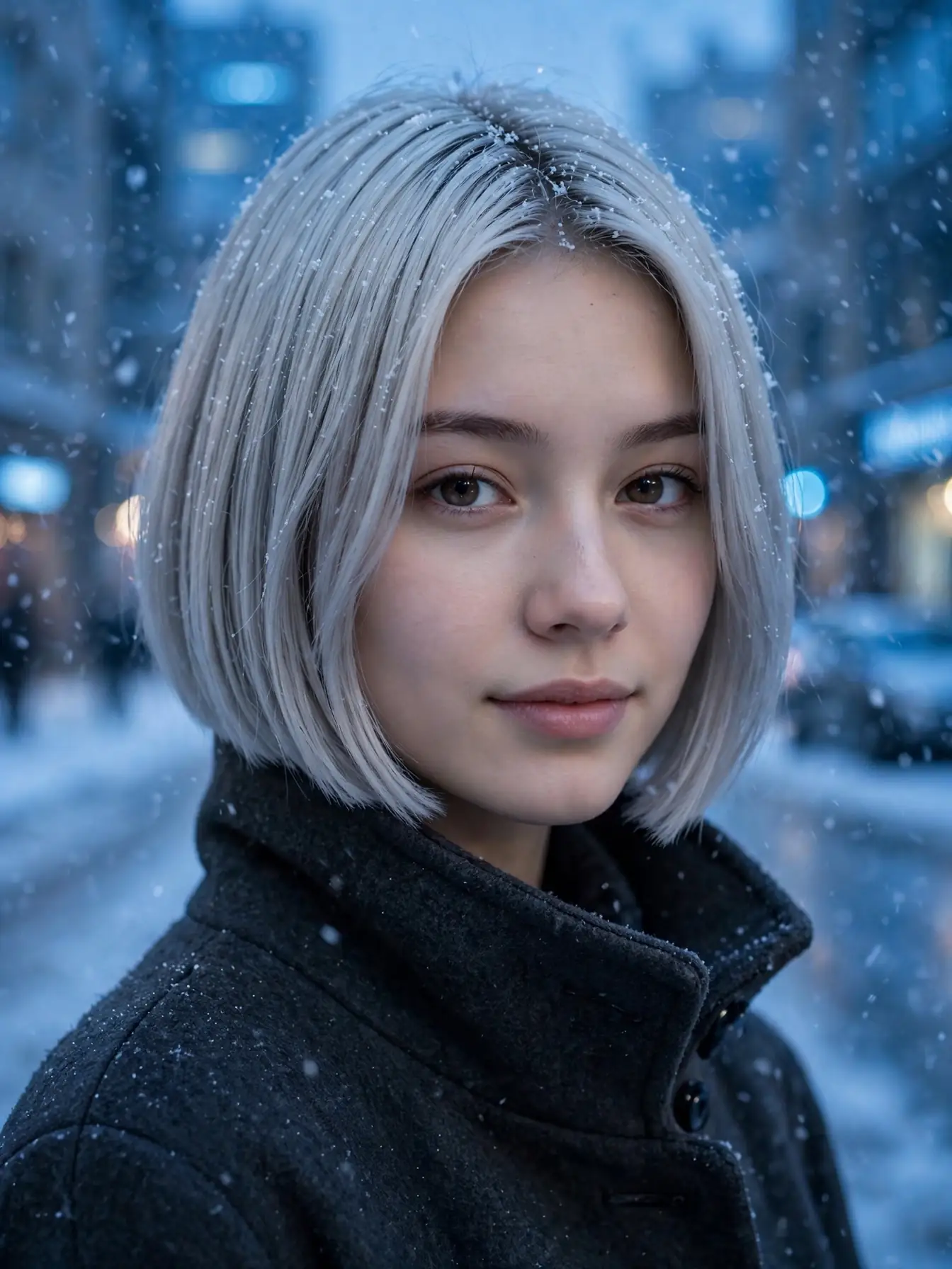 Icy silver frosted bob with a precise perimeter worn with a dark wool coat