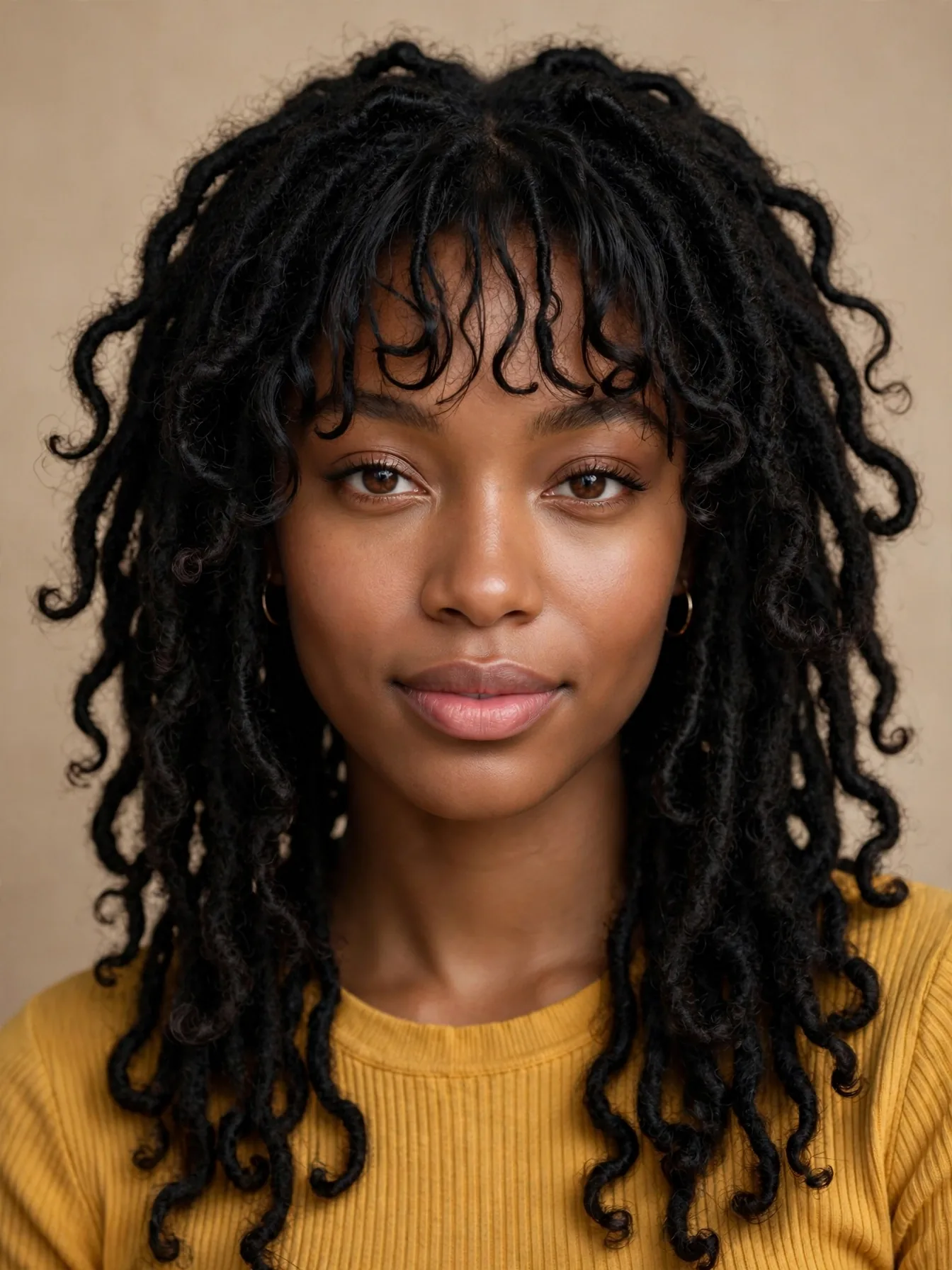 Woman with black butterfly locs and wispy textured bangs