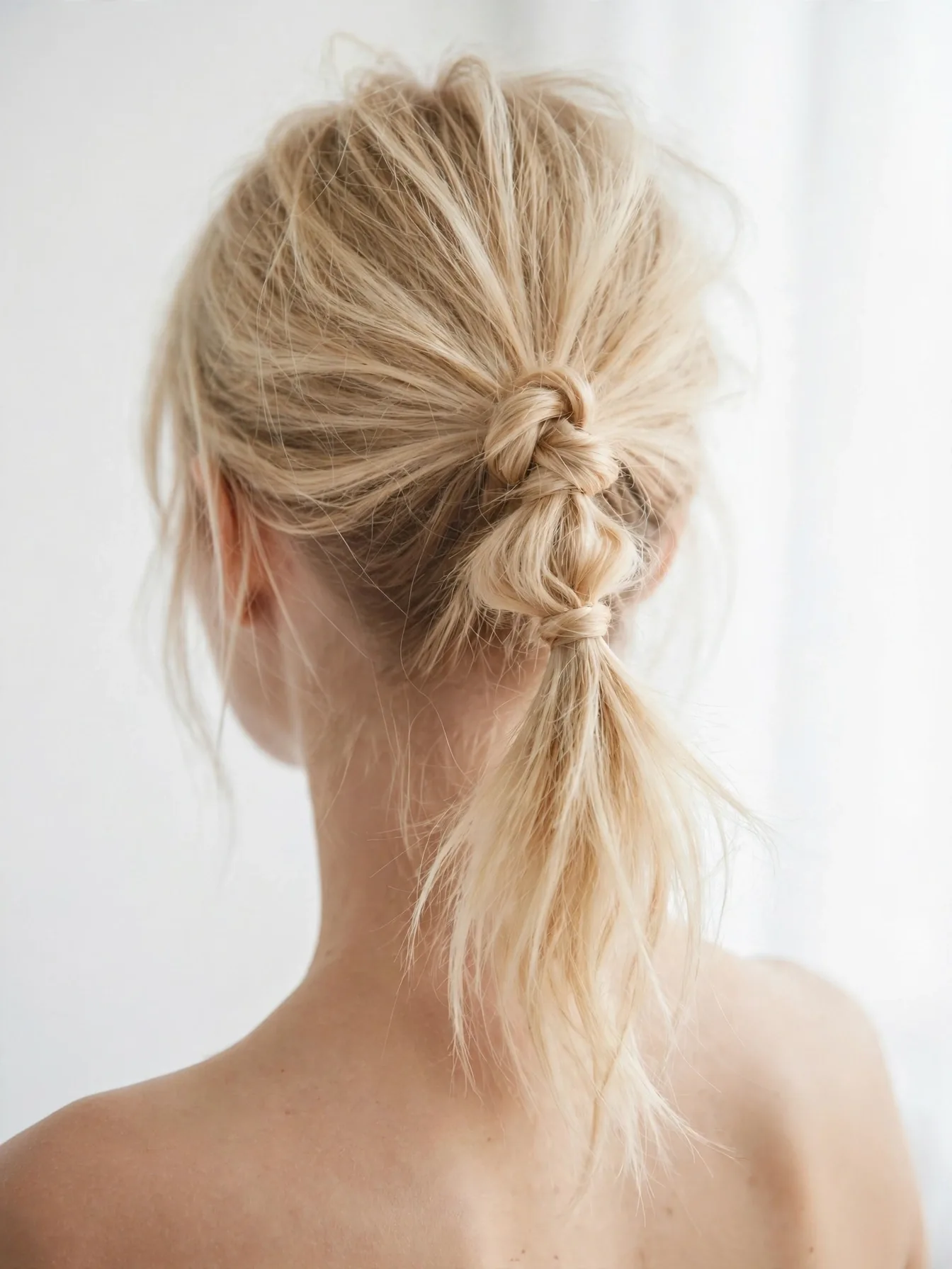 Delicate small-knotted ponytail with lifted crown on fine blonde hair