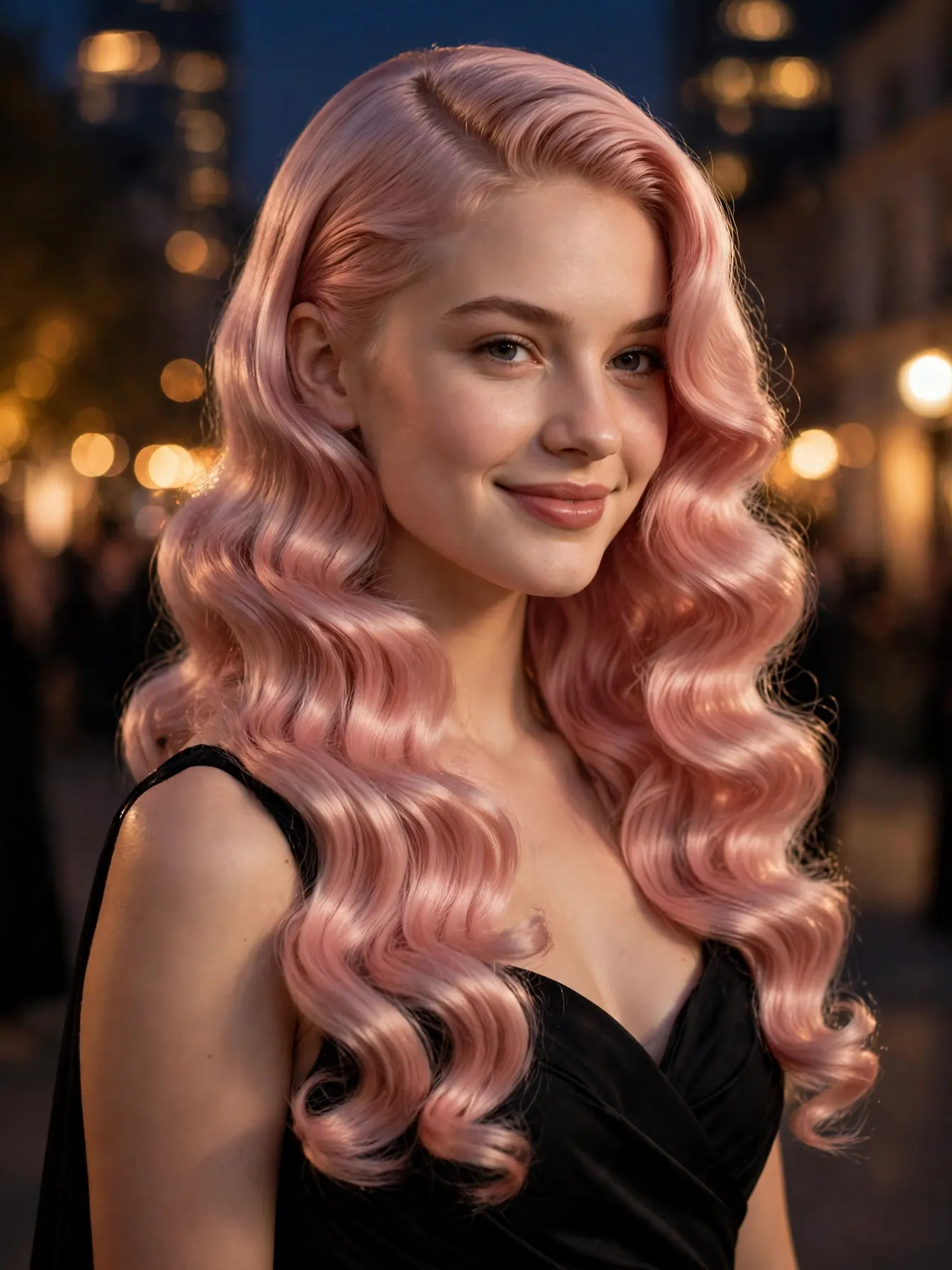 Polished blush pink Hollywood waves with a deep side part styled for an elegant evening look.