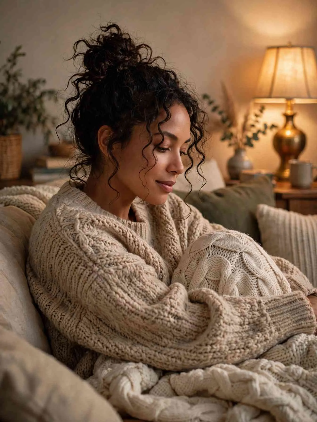 Relaxed undone top knot with soft pieces falling out, cozy evening
