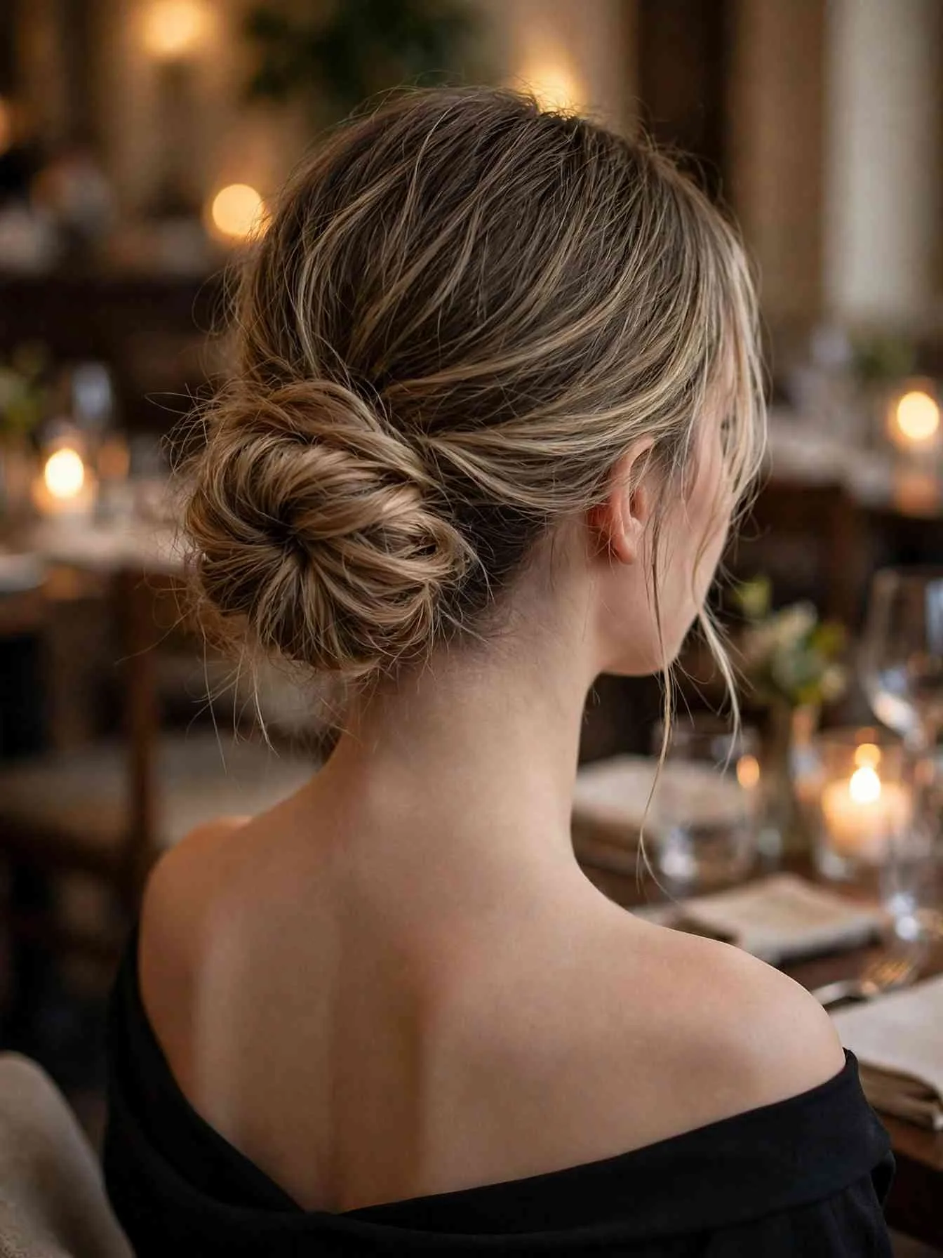Soft low chignon rolled upward and pulled loose, thin tendrils, restaurant candlelight